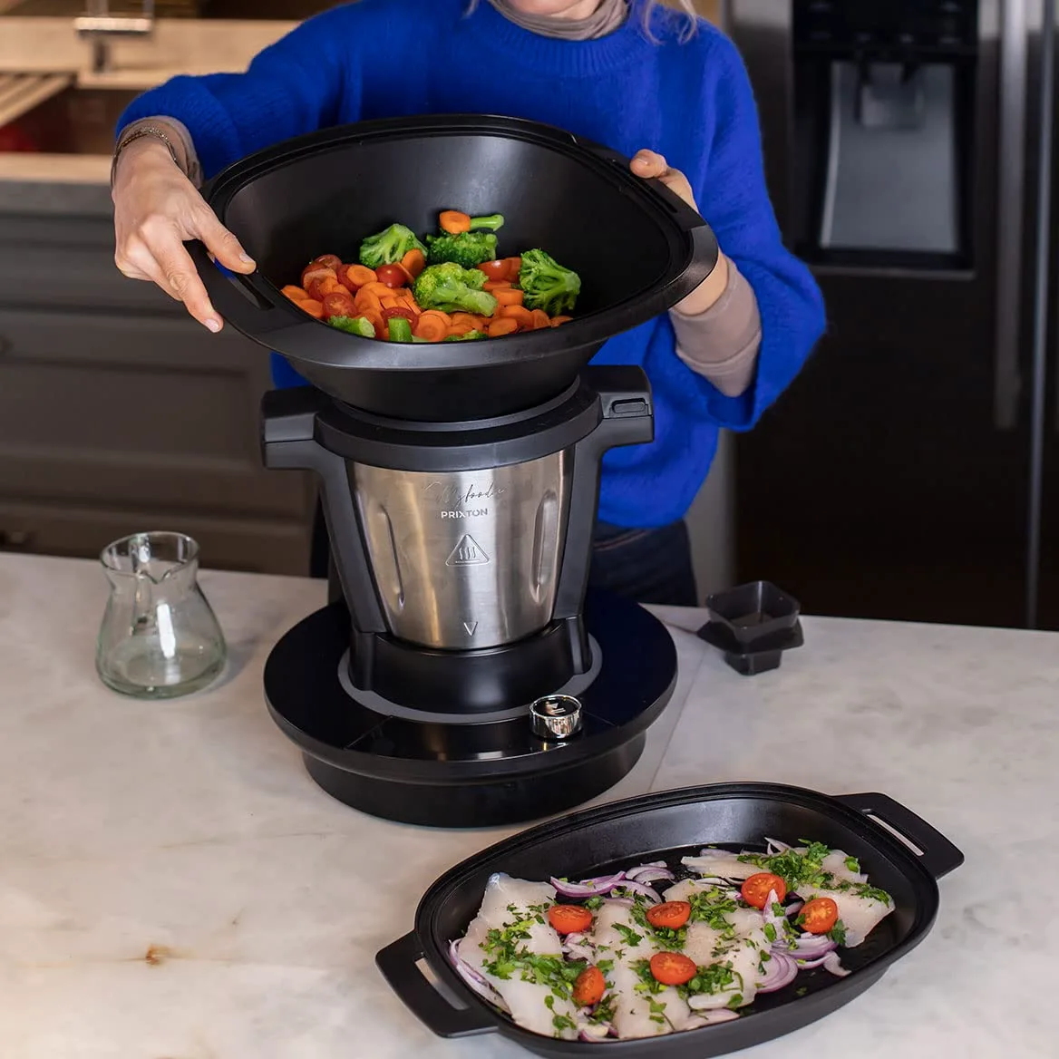 PRIXTON Robot de Cocina Multifunción My Foodie WiFi Pantalla táctil APP móvil con Recetario 1000 W 10 Velocidades Vaporera Doble