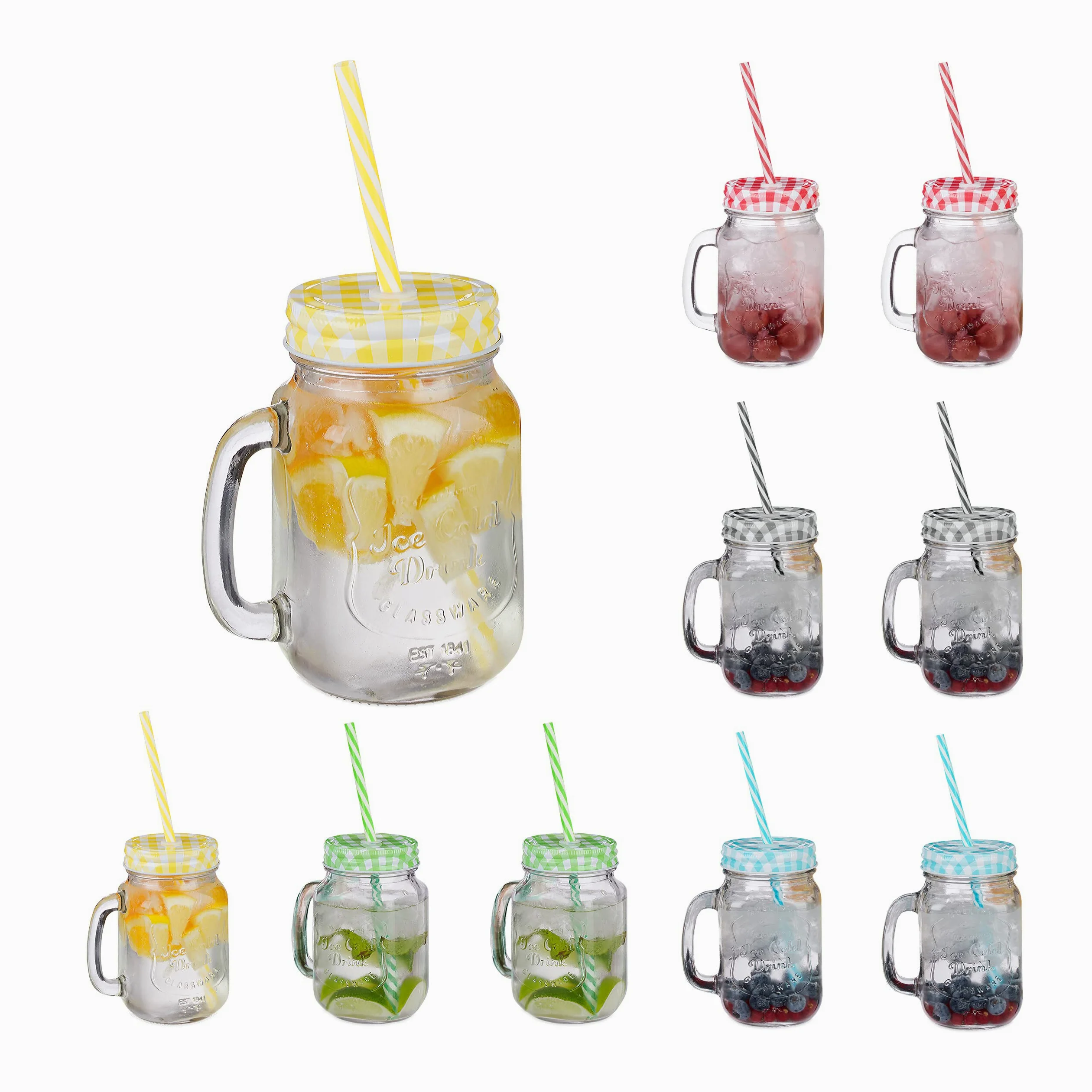 Relaxdays Jarras con Tapa y Pajita, Set de 10 Jarritas Limonada, 500 ml, Vasos Retro Veraniegos con Asa, Multicolor