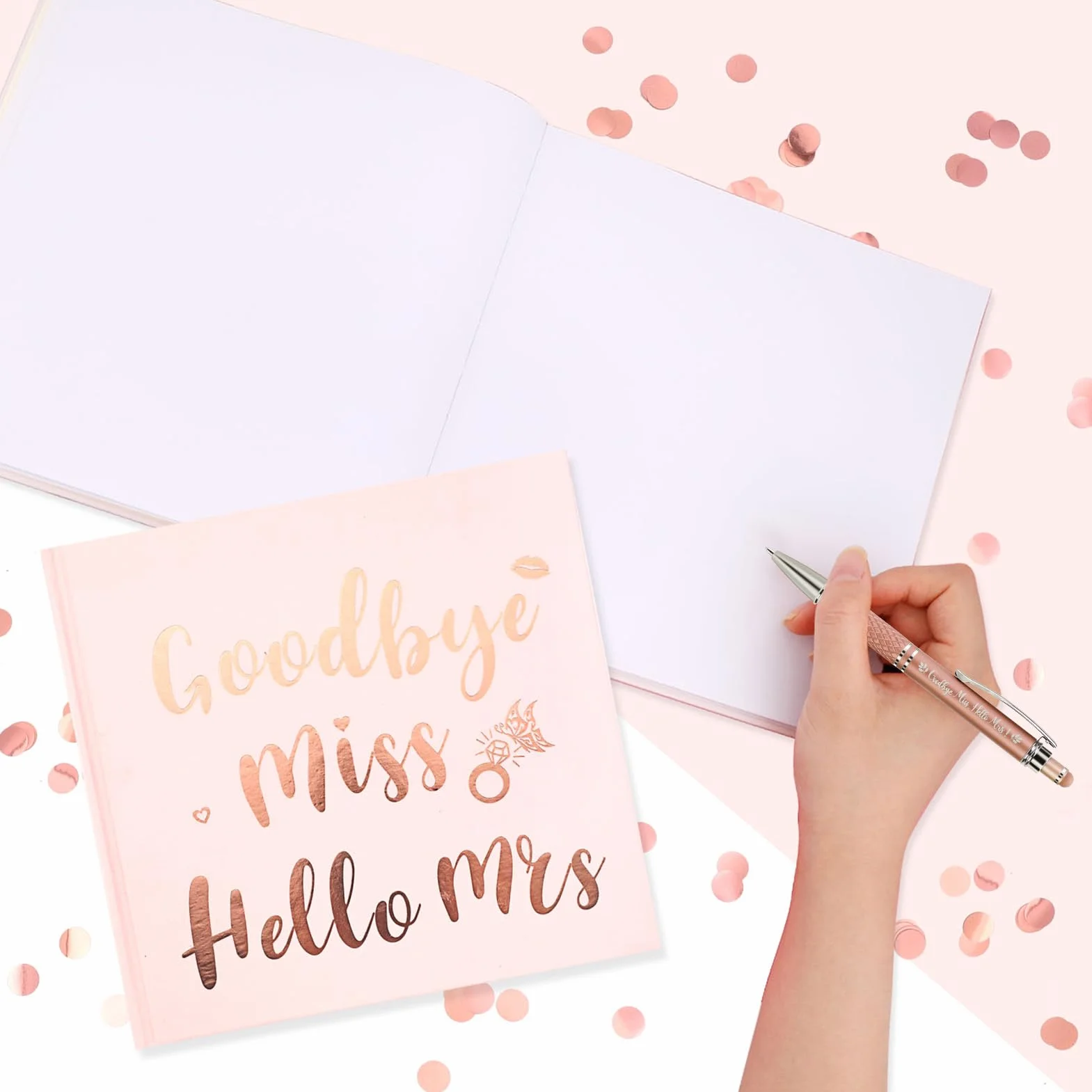 HOWAF Goodbye Miss Hello Mrs Libro de visitas de despedida de soltera, Boda, Team Bride Libro de Consejos de oro rosa, incluye bolígrafo