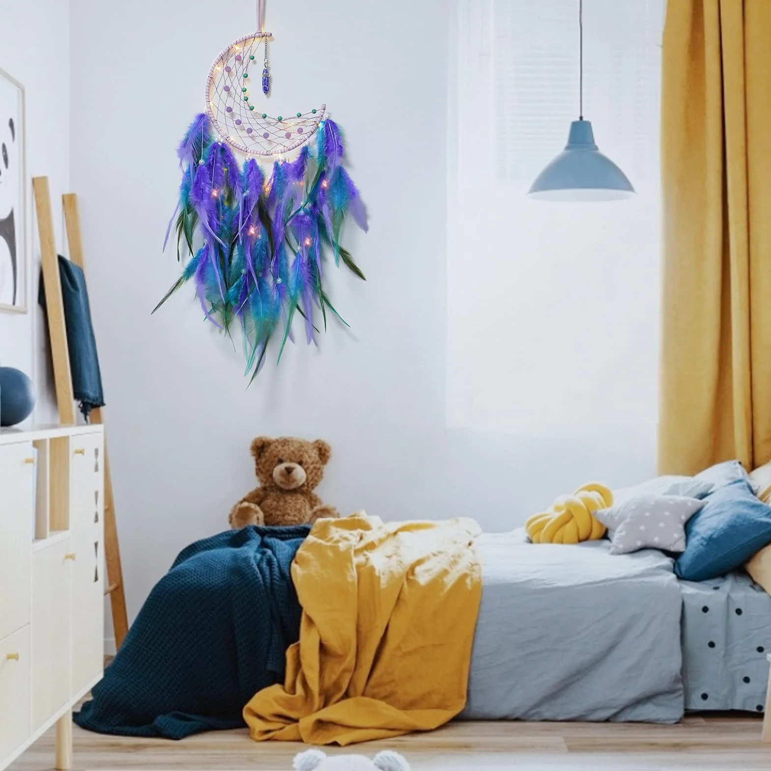 Dremisland Luna Atrapasueños LED con Plumas Hecho a Mano Dream Catcher Turquesa Colgante de Pared Adorno para decoración Hogar Dormitorio Regalo Artesanal (Azul & Púrpura)