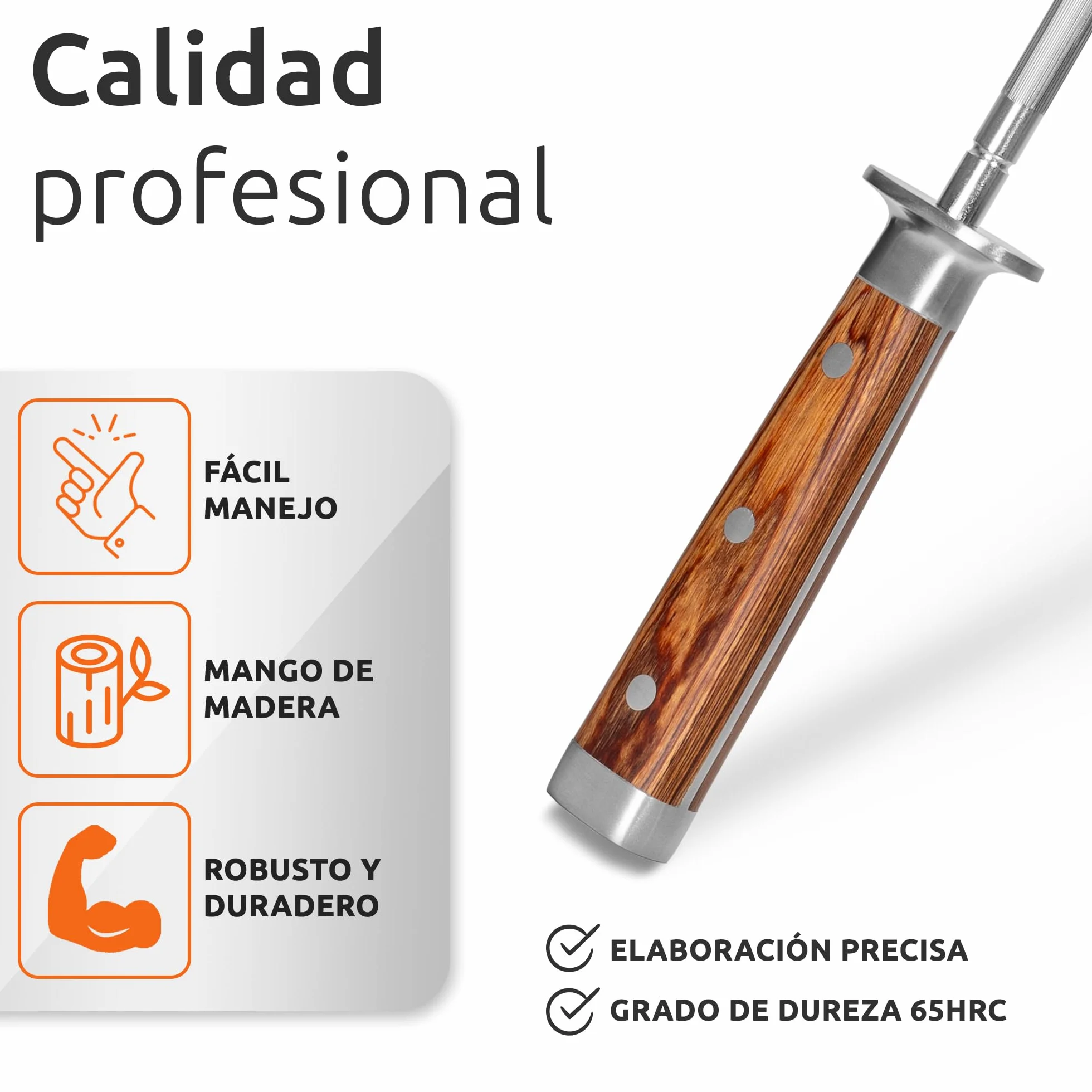 ECENCE Afilador de Cuchillos, Chaira Afilador de acero inoxidable (65HRC) Afilador de Cuchillos profesional de acero endurecido 39cm Plata