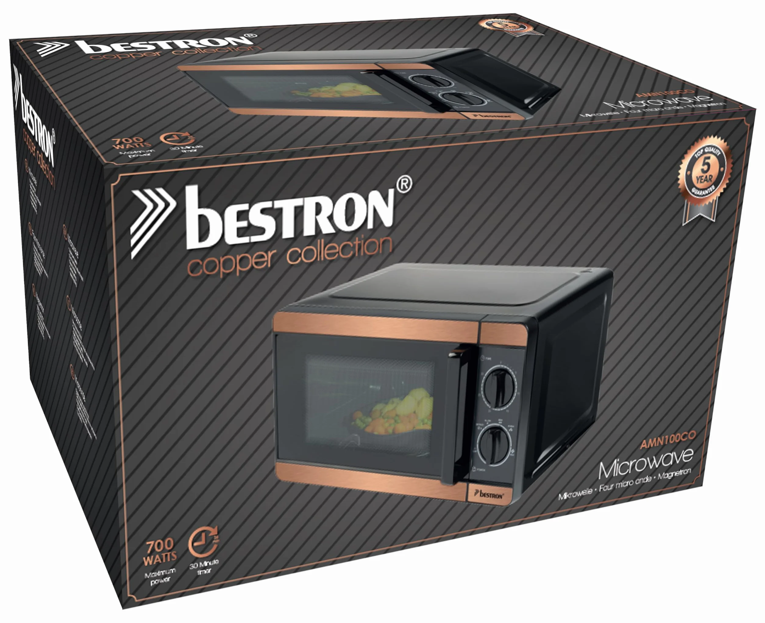 Bestron Microondas de 700 W, panel de control de dos piezas con 6 niveles y 30 min. Temporizador, regulable sin niveles, con plato giratorio de 24,5 cm para todos los tamaños comunes, colección de