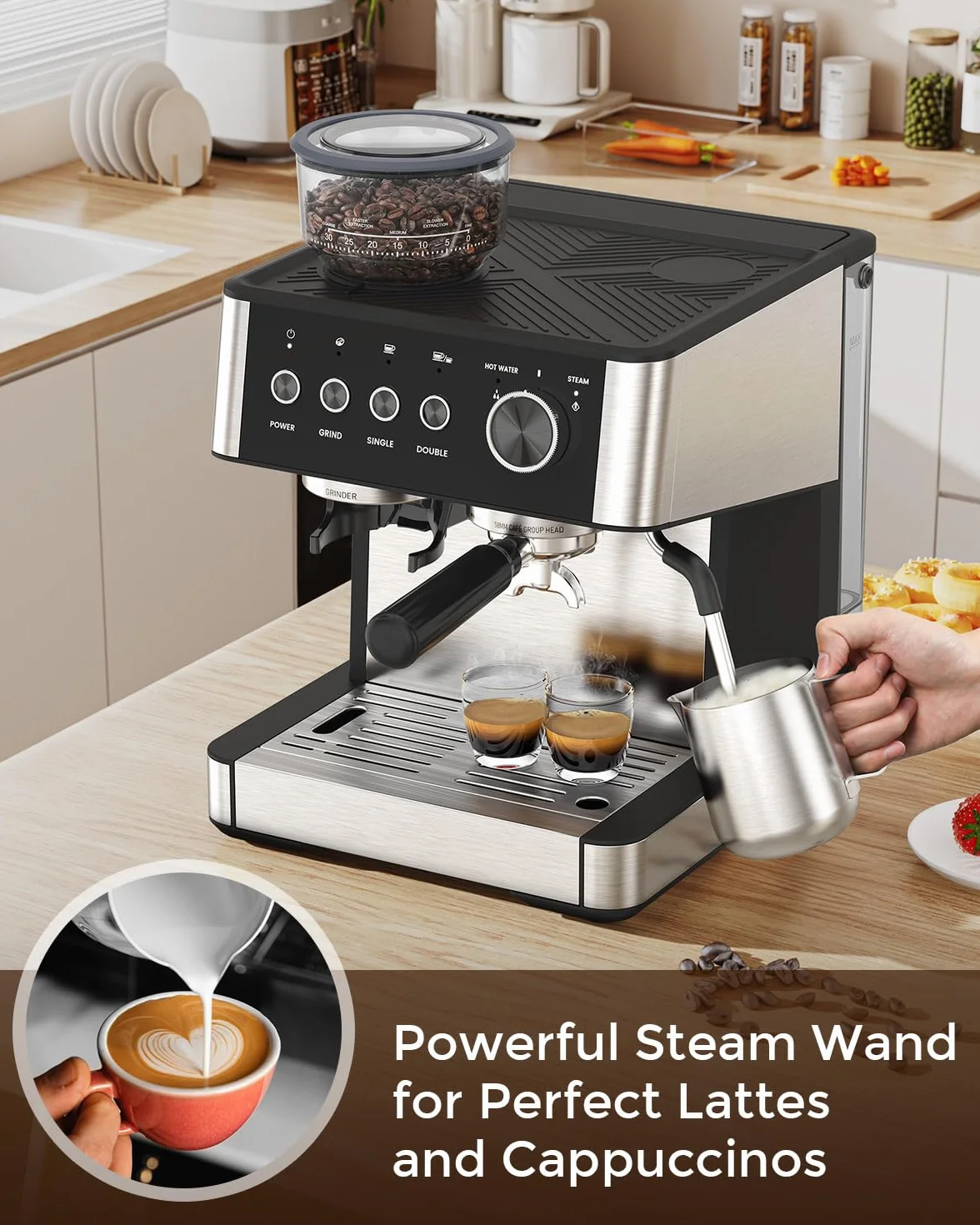 Electactic (Máquina de café espresso mejorada 2025 con amoladora, cafetera espresso profesional de 20 bar con diseño antiobstrucción, barra de vapor integrada para espumador de leche