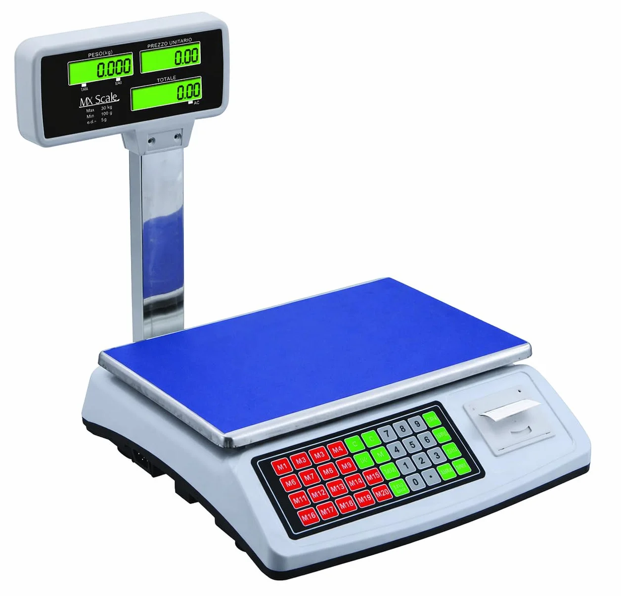 Balanza Digital 50kg con Impresora de Etiquetas, Alta Precisión 1/3000, Pantalla LED Dual, Función Tara y Precio, Báscula frutera Ideal para Tiendas y Fruterías
