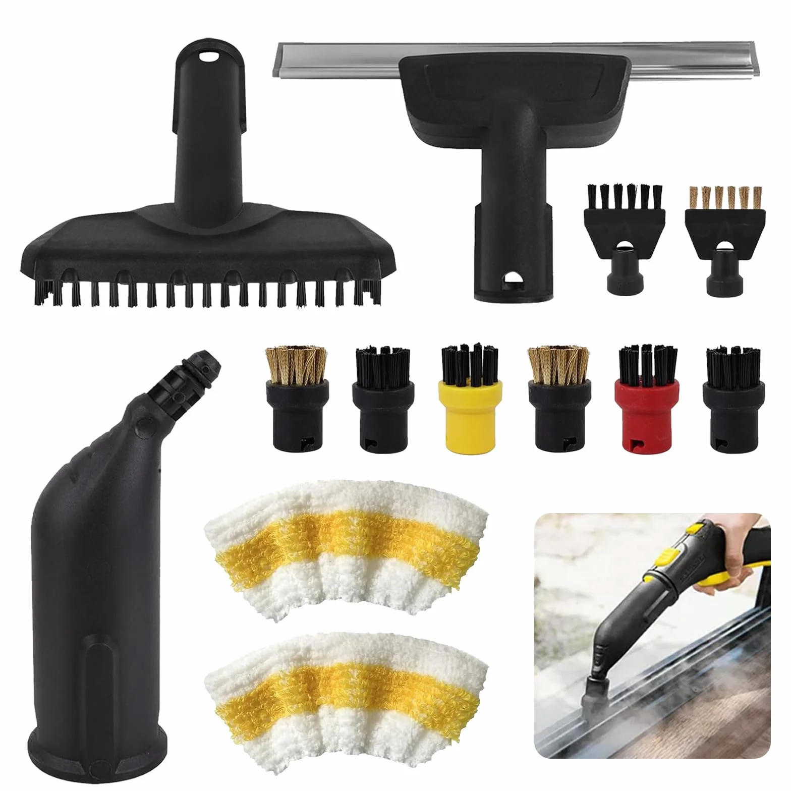 13 Piezas Accesorios para Kärcher Limpiadores a Vapor, Incluyendo Cepillo Redondo, Rasqueta Limpiacristales, Cepillo Plano, Boquilla, Limpieza a Vapor Accesorios Compatible Kärcher SC1 SC2 SC3 SC4 SC5