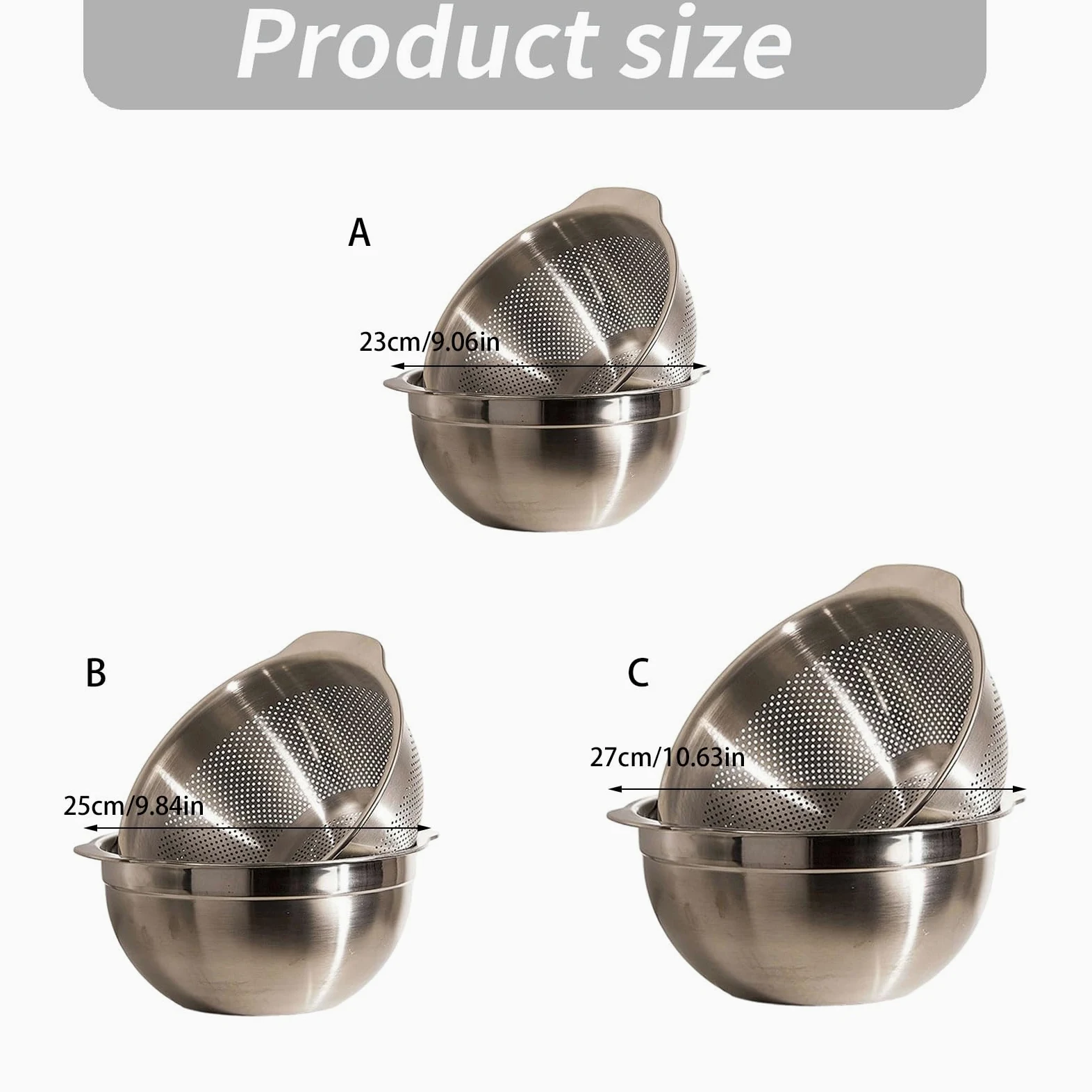 Produce - Juego de coladores para lavar (27 cm) | Lavabo de acero inoxidable 304, cesta de drenaje con asas, herramienta de enjuague de cocina