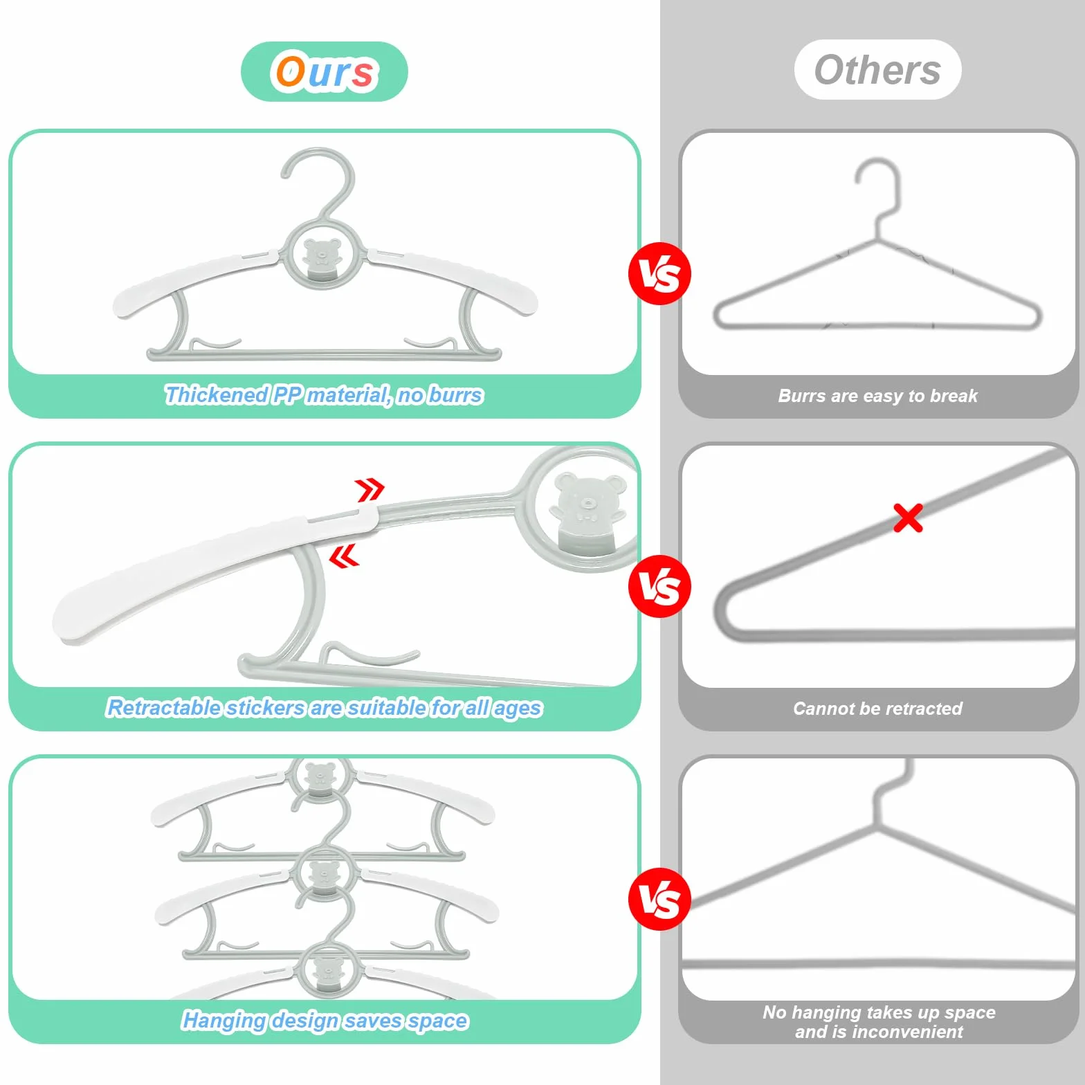Perchas Infantiles Apilables con Ganchos de Osito, 28-36cm Ajustables para Bebés, Plástico Antideslizantes, Ahorro de Espacio