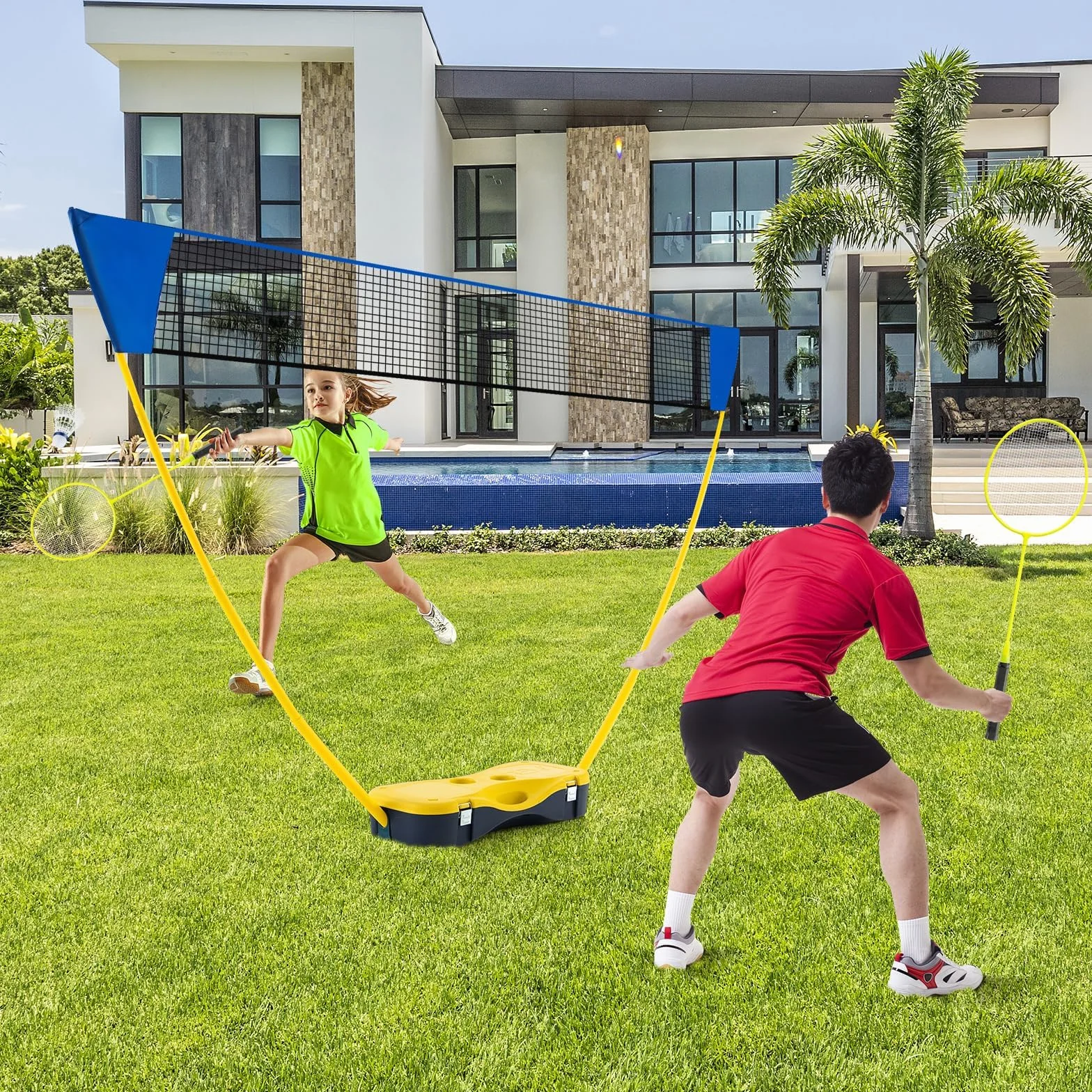 GYMAX Juego de Bádminton Portátil con 2 Raquetas, Red Premium, 2 Volantes y Estuche de Almacenamiento, para Interiores y Exteriores (Amarillo)