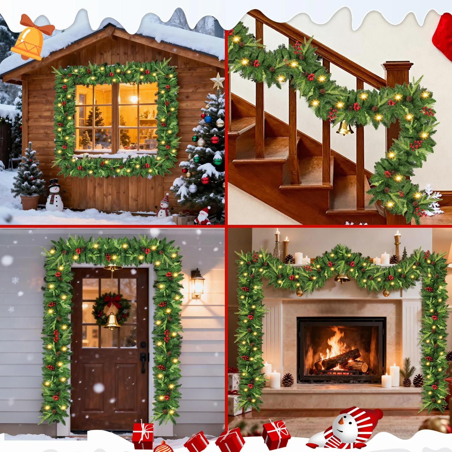 Guirnalda Navidad, 2.7M Guirnalda Navidad con Luces y 260 Puntas de Ramas, Guirnalda Navideña Impermeable con 30 LED y Temporizador para Escaleras, Chimenea, Puerta, Decoración de Interior/Exterior