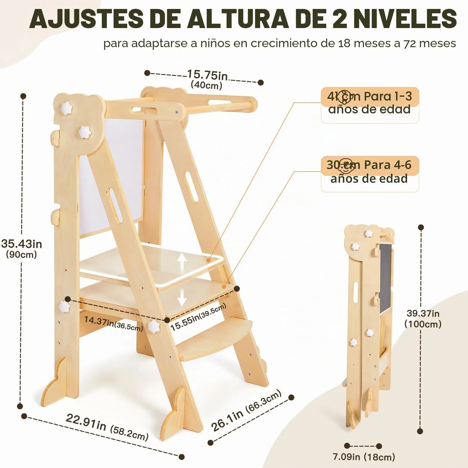 Labebe Torre de Aprendizaje Plegable Niños, Montessori Learning Tower 3 en 1 Multifuncional Ajustable en Altura y Ancho