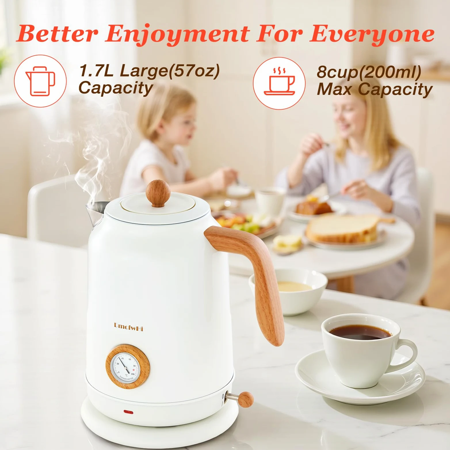 DmofwHi Hervidor agua Electrico en Acero Inoxidable 1,7 litros, Tetera Electrica Retro con Indicador de Temperatura y Termómetro, Perfecto para la Familia a la hora del Café y el Té, Blanco