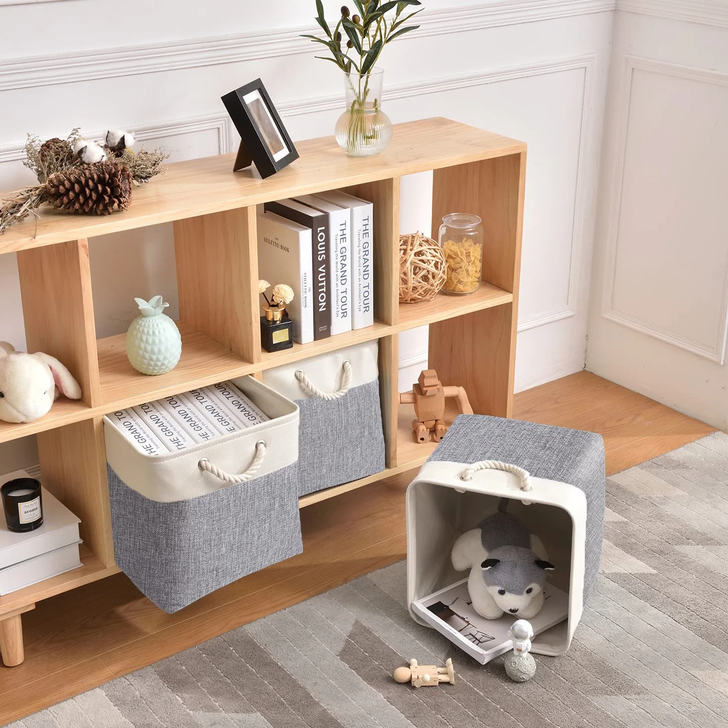 Mangata Cestas Almacenaje Plegables de Lona Engrosada 33x38x33 cm con Asas de Cuerda Gris/Blanco 1 Pack