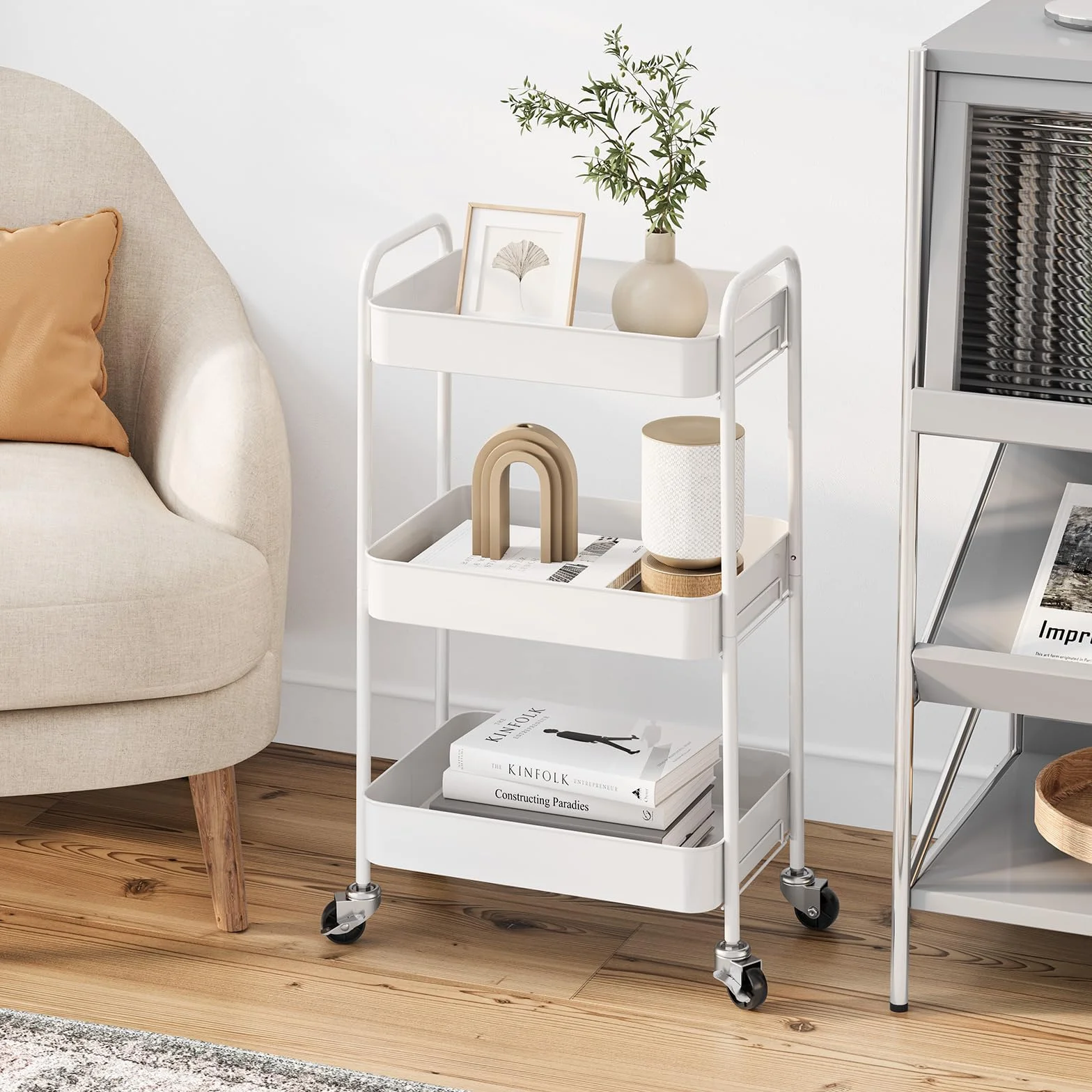 KINGRACK Carro de cocina, carrito con ruedas de 3 niveles, de metal, con asas de ruedas, carrito de estantería para oficina, salón, carrito multiusos para cocina, baño, cosméticos, sin tornillo, fácil