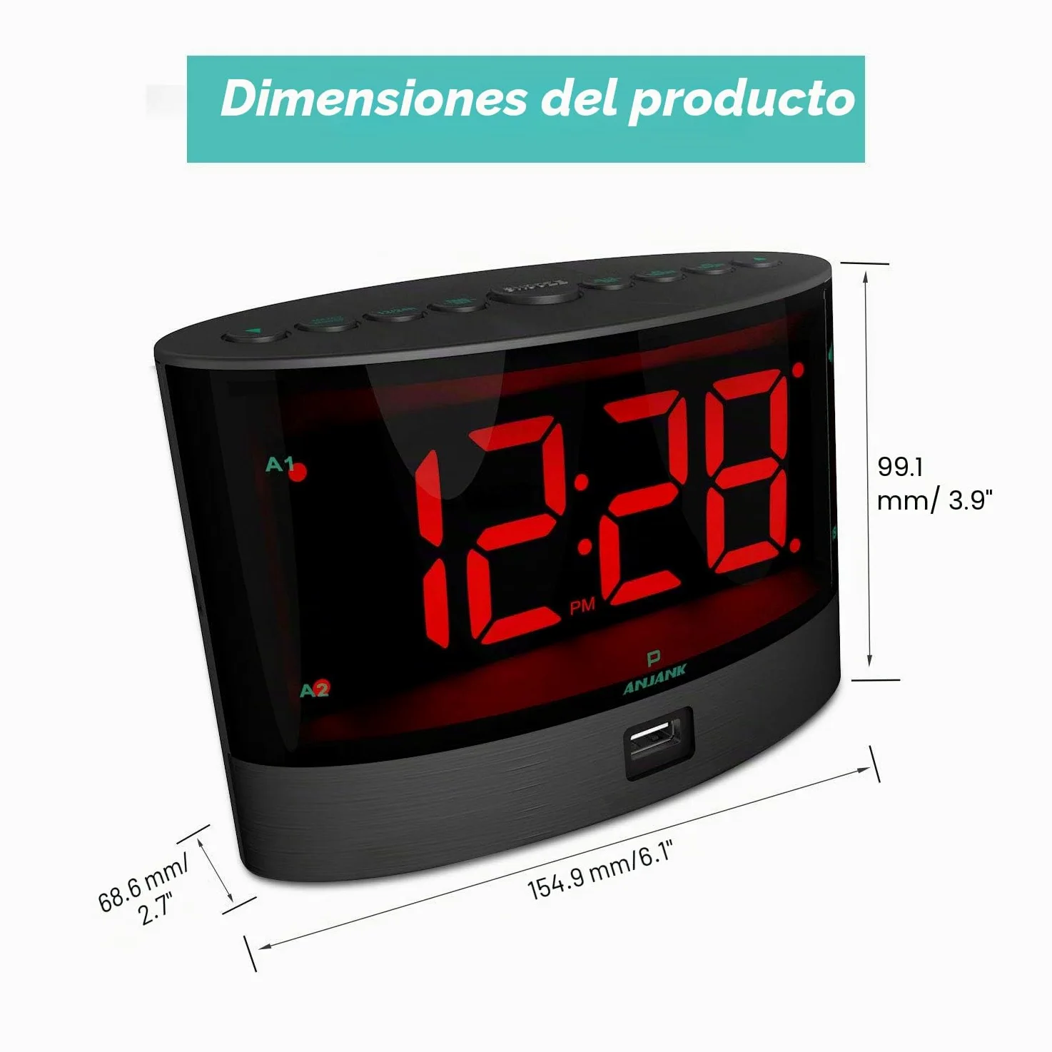 ANJANK Despertador Muy Fuerte con Vibración Inalámbrica, Doble Alarma para Dormilones Pesados, Sordos y con Problemas de Audición, Volumen Ajustable/Dimmer/Despertar Modo, Puerto de Carga USB