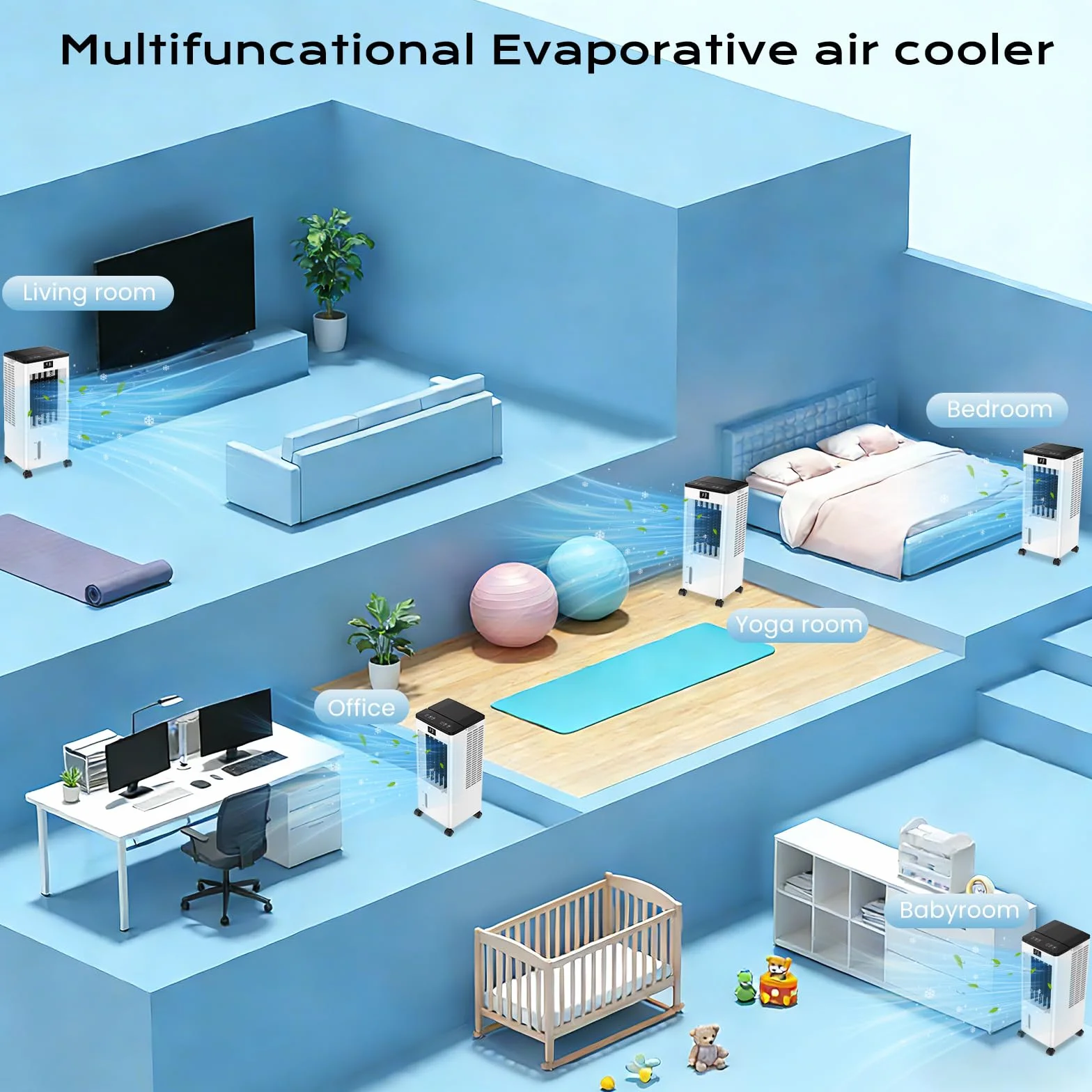 Aire Acondicionado Portátil Silencioso, Enfriador de Aire sin Tubo 4 en 1, 4 Modos 3 Velocidades, 60W Climatizador Evaporativo, Temporizadores de 1-12 H con Control Remoto, 4 Ruedas para Hogar Oficina