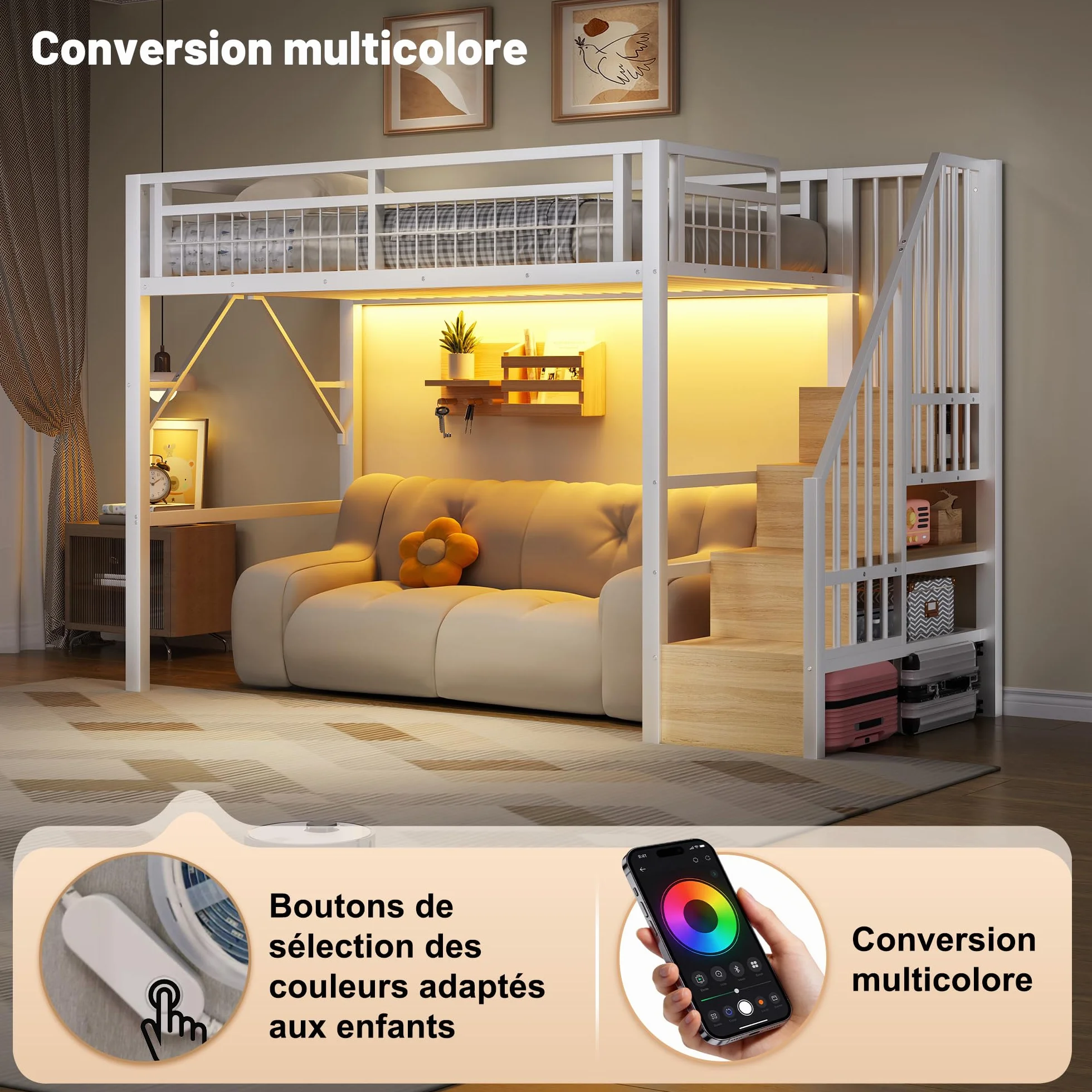 Lubvtti Cama alta de metal 90 x 200 cm con luz LED, cama individual tipo loft, espacio utilizable debajo de la cama, escalera de seguridad con espacio de almacenamiento, blanco (colchón no incluido)