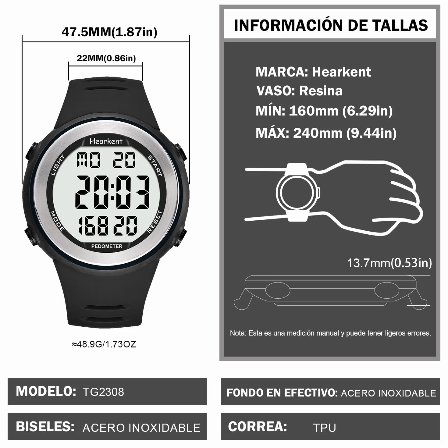Hearkent Reloj podómetro Resistente al Agua con Contador de Pasos, Calorías y Números Grandes LCD