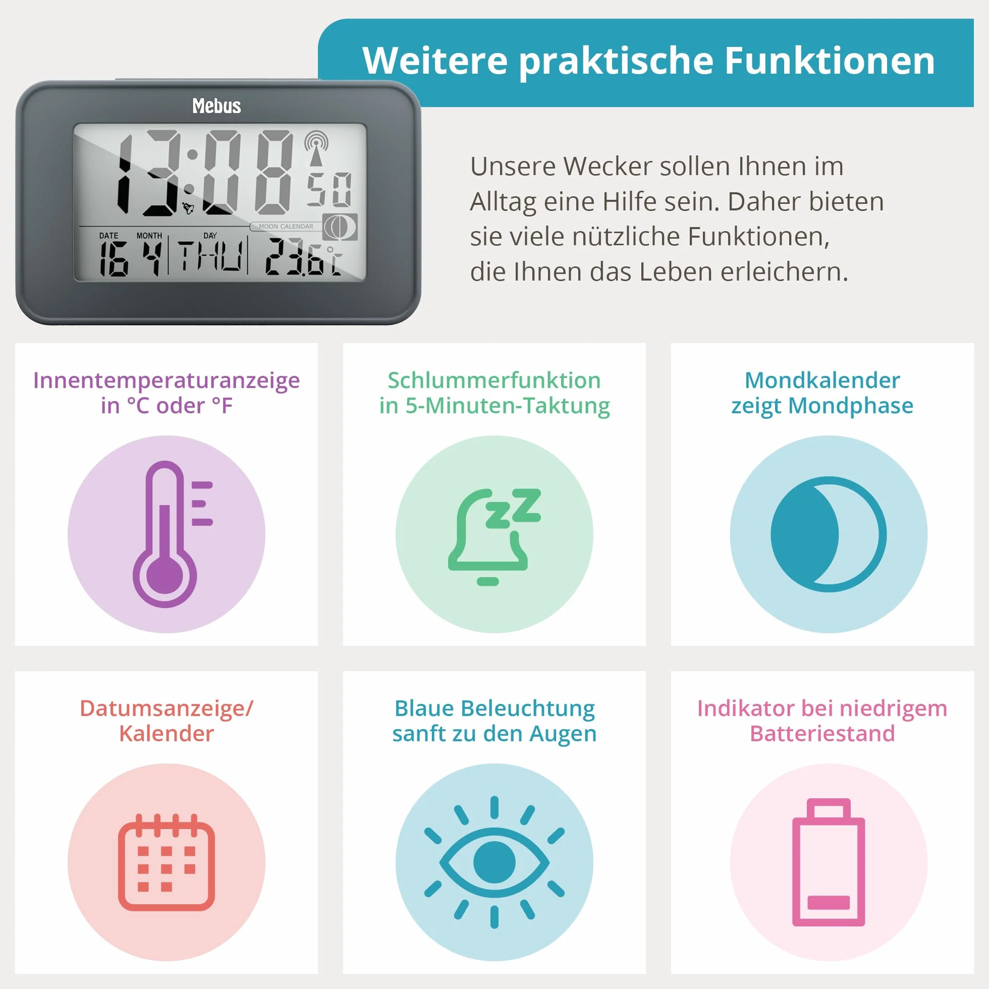 MEBUS digitaler Funk-Wecker mit Mondkalender, Beleuchtung, Innenthermometer, Schlummer-Funktion/Material: Kunststoff/Farbe: Grau/Modell: 51460