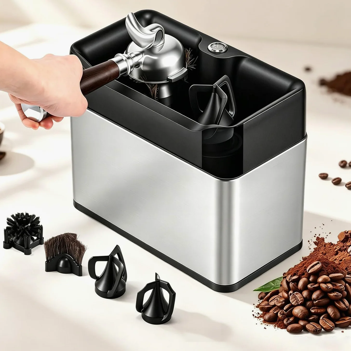 Limpiador automático de portafiltros para cafeteras Espresso de 58 mm Silver | Equipado con cepillos giratorios y rascadores dobles para la limpieza rutinaria de portafiltros.