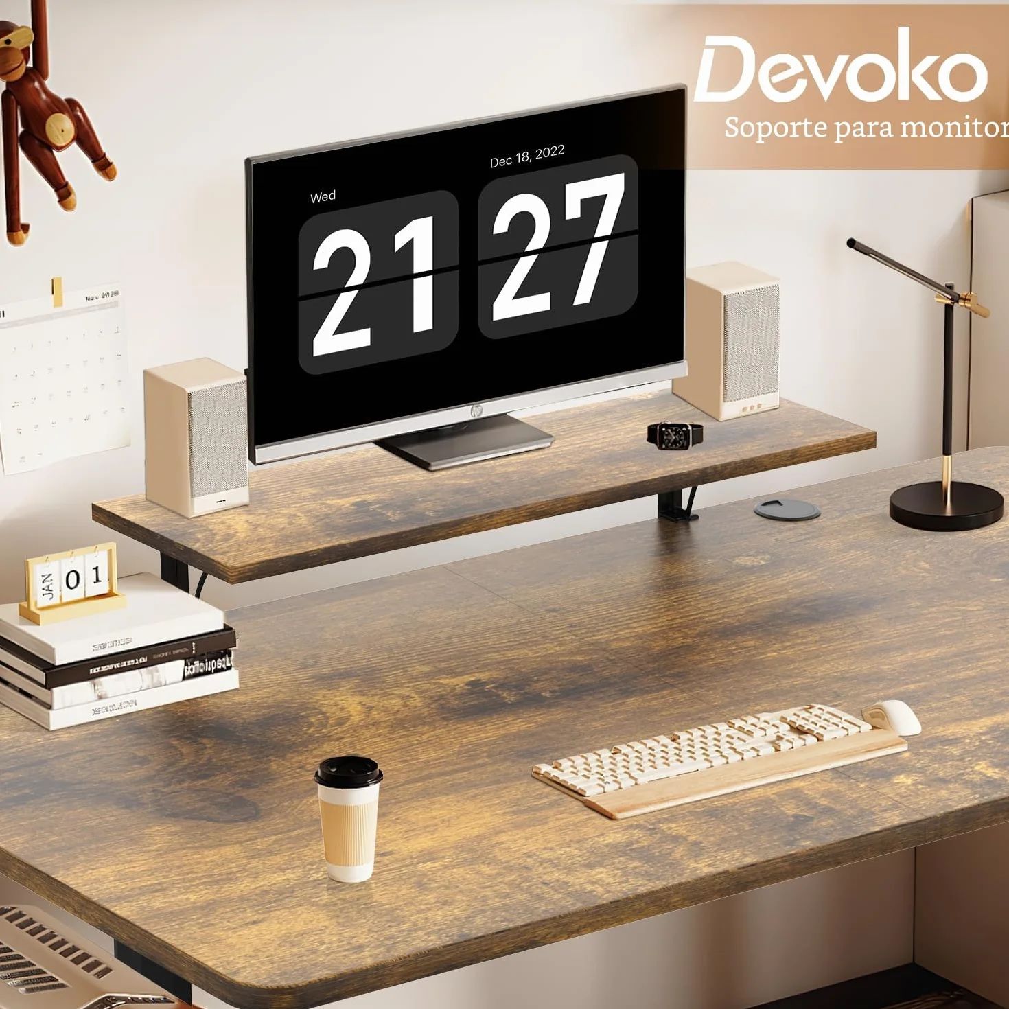 Devoko Escritorio Elevable Eléctrico con Tablero 160 x 70cm, Escritorio Regulable en Altura 73-118cm, 2 Opciones de Memoria Inteligente para Estudiar, Trabajar(160×70cm,Marrón)