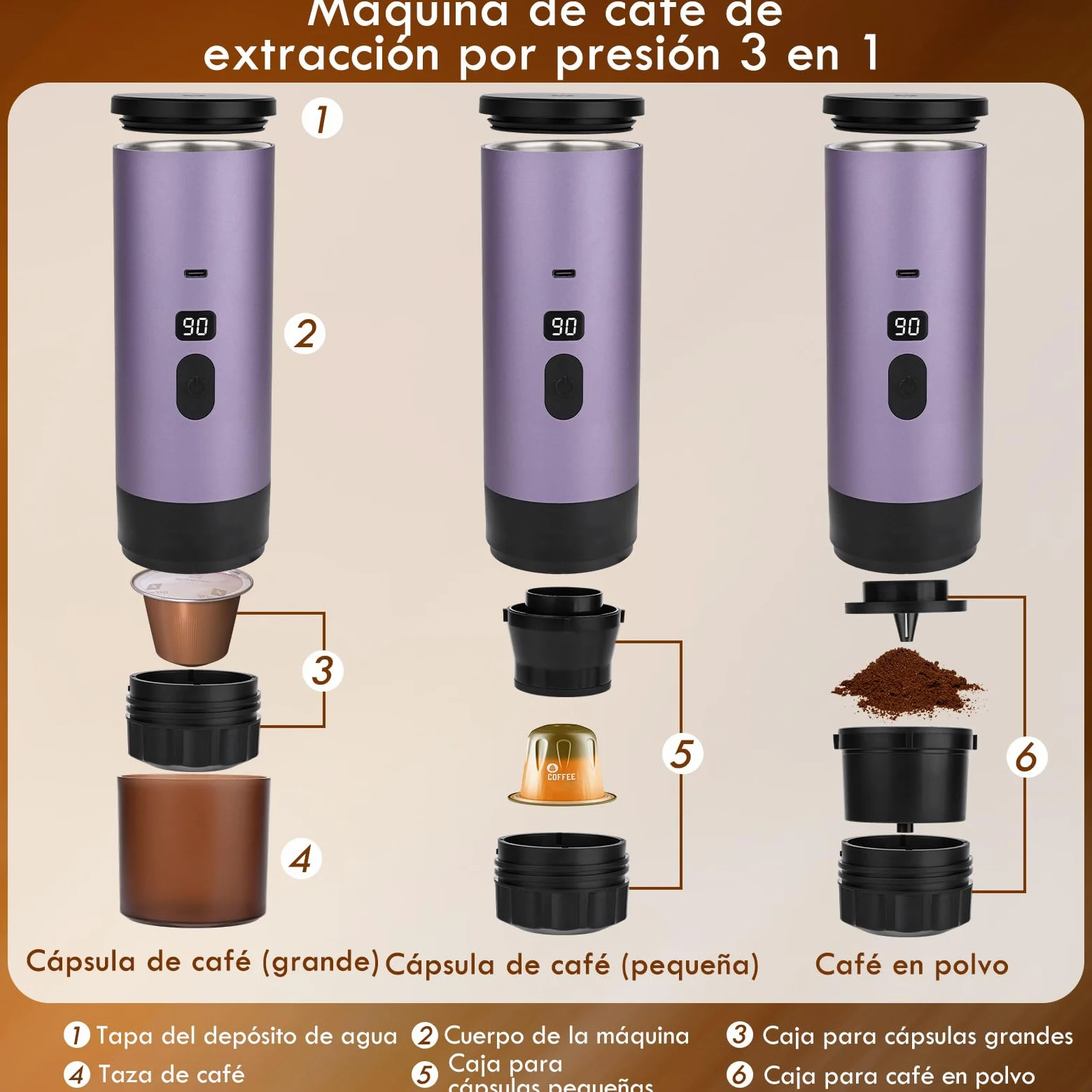 Euakee Cafetera Espresso Portátil,Eléctrica Cafetera Capsulas, 15Bar, 90ML, Compatible con NS/DG/Café Molido, Puede preparar 50 tazas de café para Camping para RV Senderismo Oficina