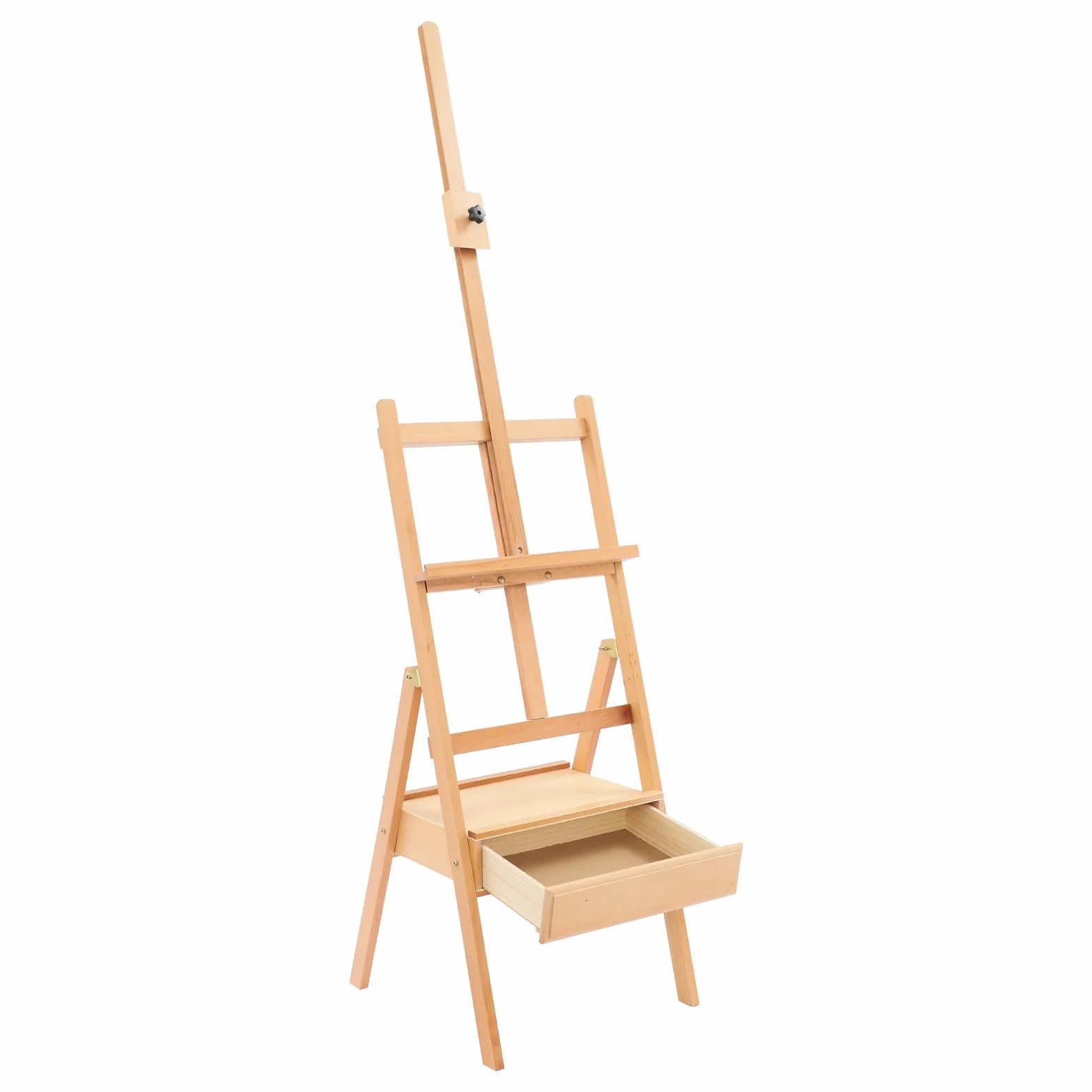 Caballete de madera de haya con cajón, caballete de pintura para lienzo, hasta 90 cm, altura ajustable, 182 cm de altura, madera maciza, color madera