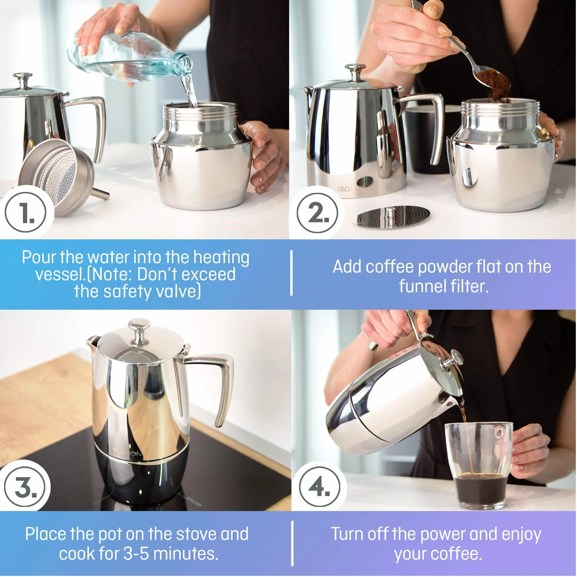 VeoHome - Cafetera Italiana de Acero Inoxidable 10 tazas 500 ml – Cafetera Moka para cocinas Inducción, Vitrocerámica y de Gas - Estilo Espresso – Irrompible, Segura y apta para Lavavajillas