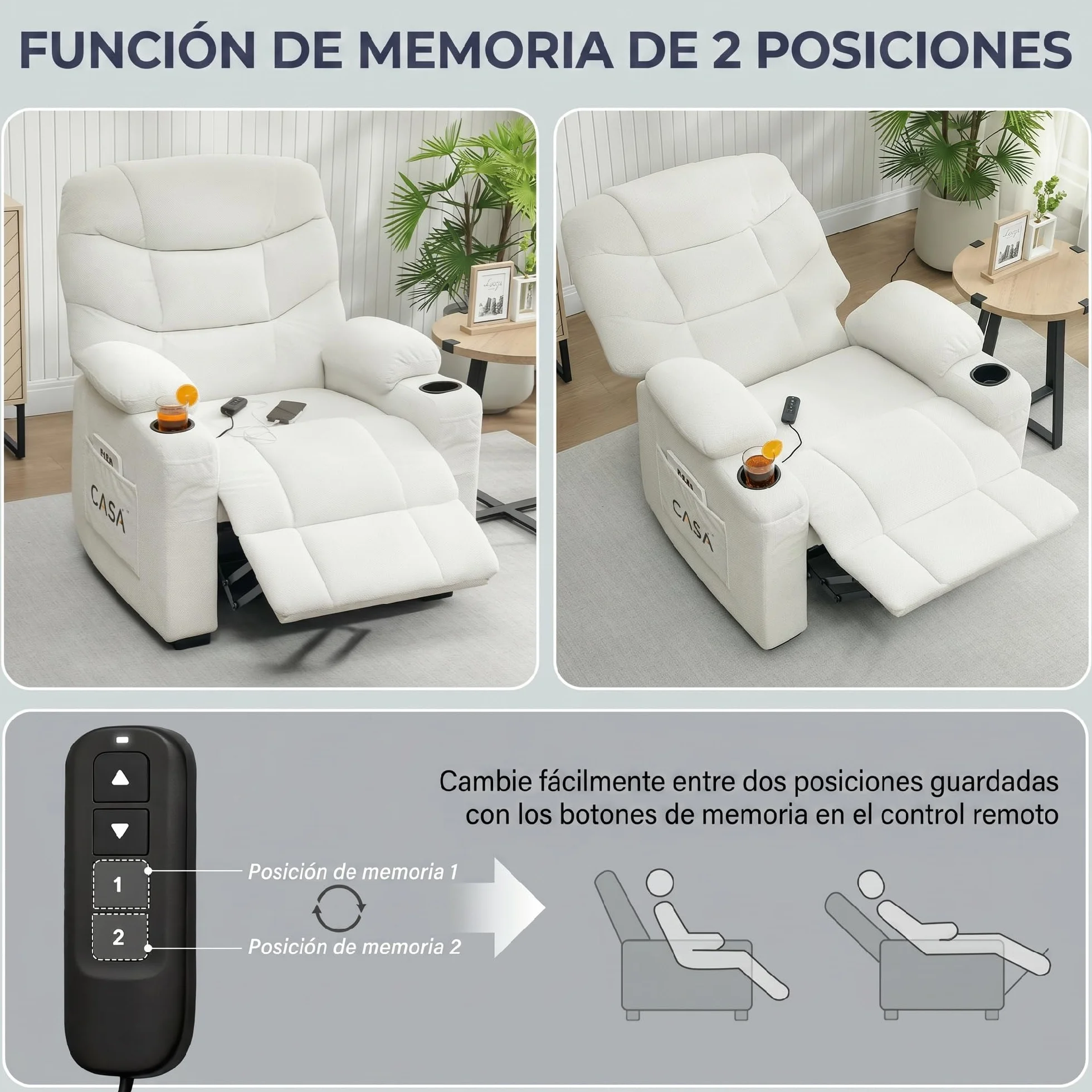 HOMCOM Sillón Relax Reclinable Eléctrico, Sillón Reclinable Silencioso con Función Memoria, Reposapiés, Mando a Distancia, Bolsillos Laterales, Portavasos y Puerto USB, para Dormitorio, Salón, Crema