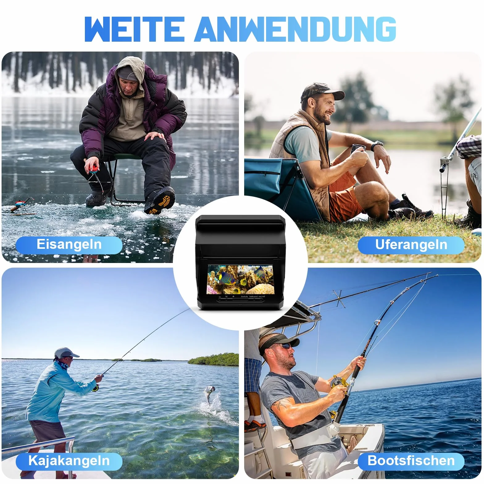 Cámara de pesca submarina 1080P 5 pulgadas IP68 6000 mAh 220° gran angular 20 m cable 17 LED IR