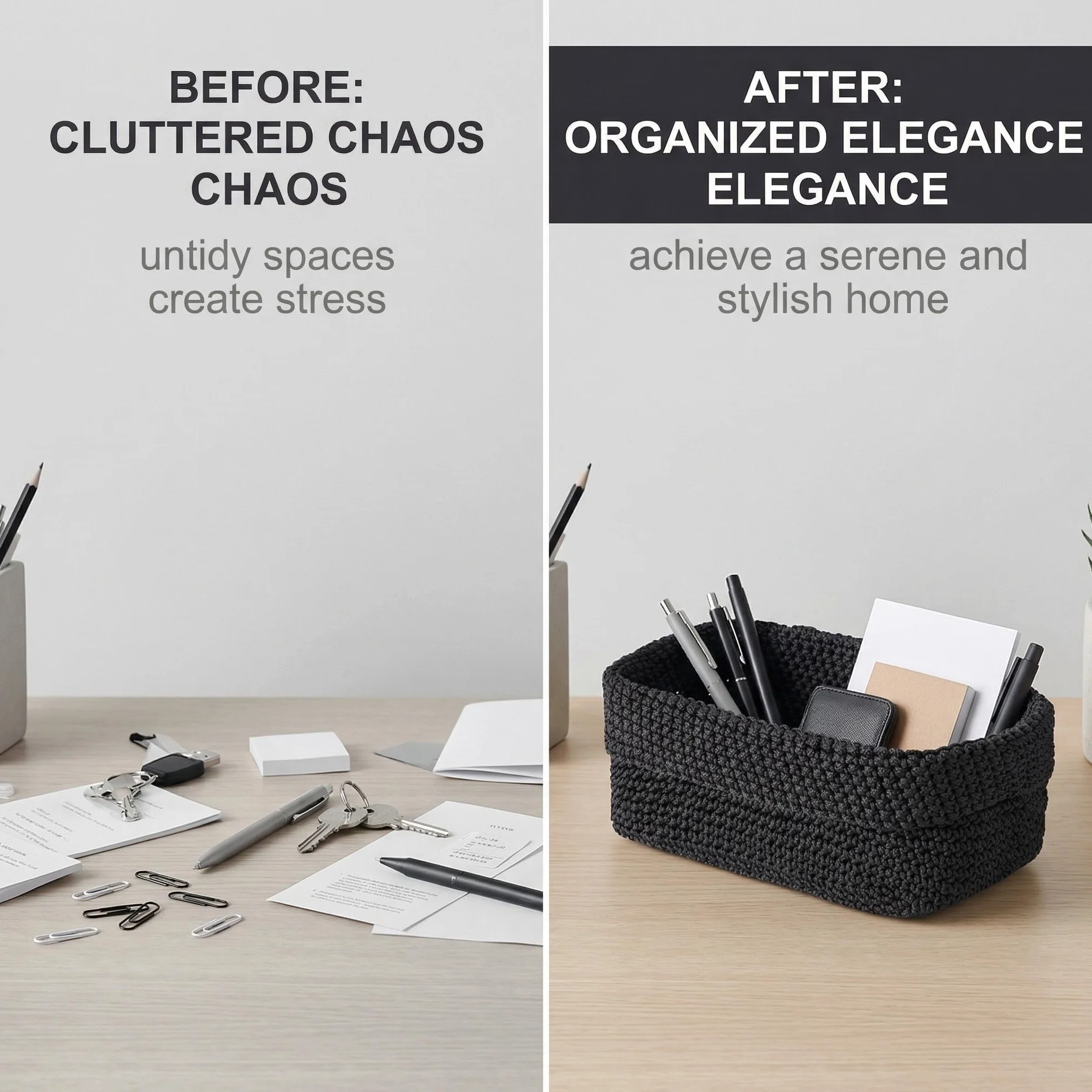 Cesta de Almacenamiento Negra Tejida a Mano en Cuerda de Algodón 21×13×15,5 cm Organizadora para Cocina Baño