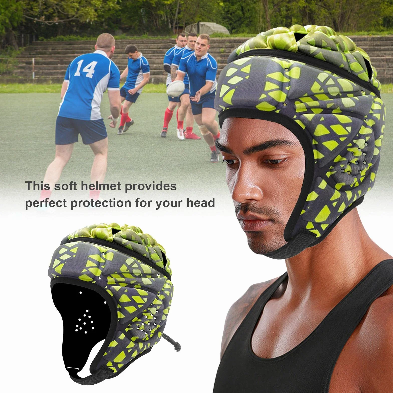 Casco Acolchado para Fútbol Bandera Rugby, Protector Cabeza Portero Ajustable Deportivo