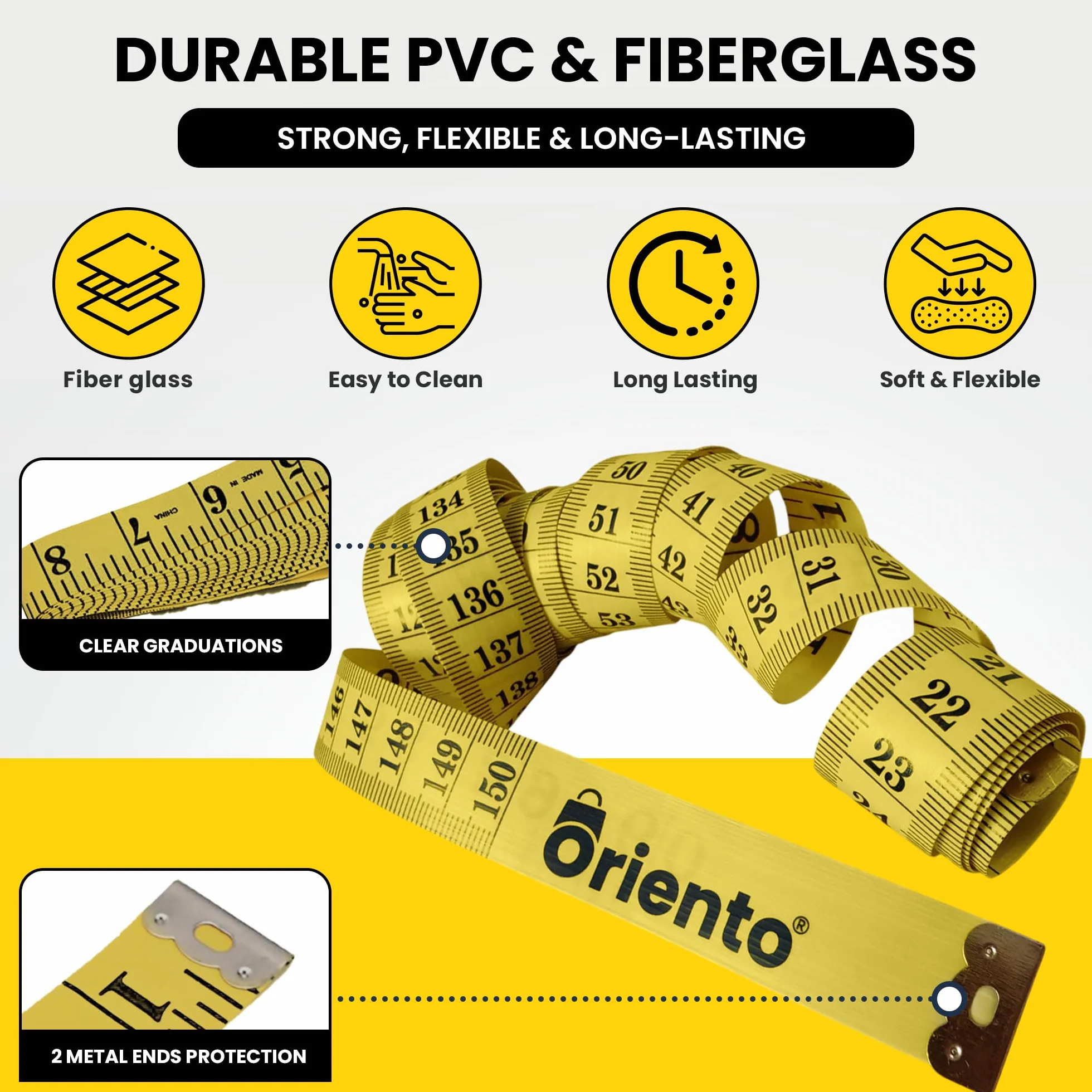Oriento Cinta Métrica Corporal 150 cm/60 pulgadas – Metro de Costura Flexible a Doble Cara para Medidas Corporales, Sastrería, Pérdida de Peso y Manualidades – Amarillo (150 cm/ 60 inch)