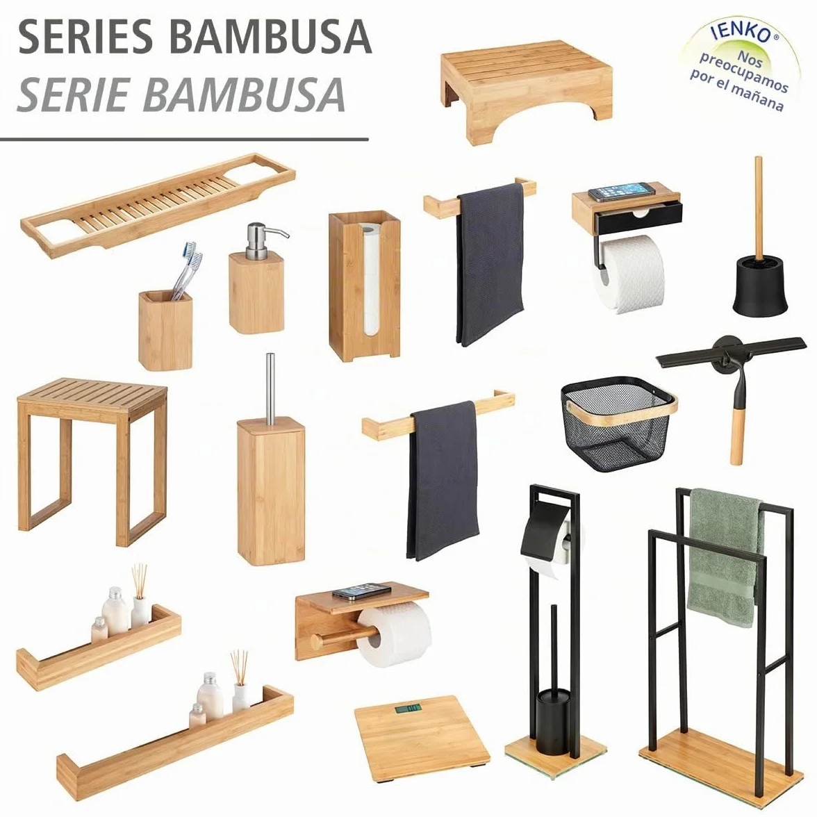 Wenko Cesta de baño con asa Bambusa, Bambú, Negro, 25x25x17 cm