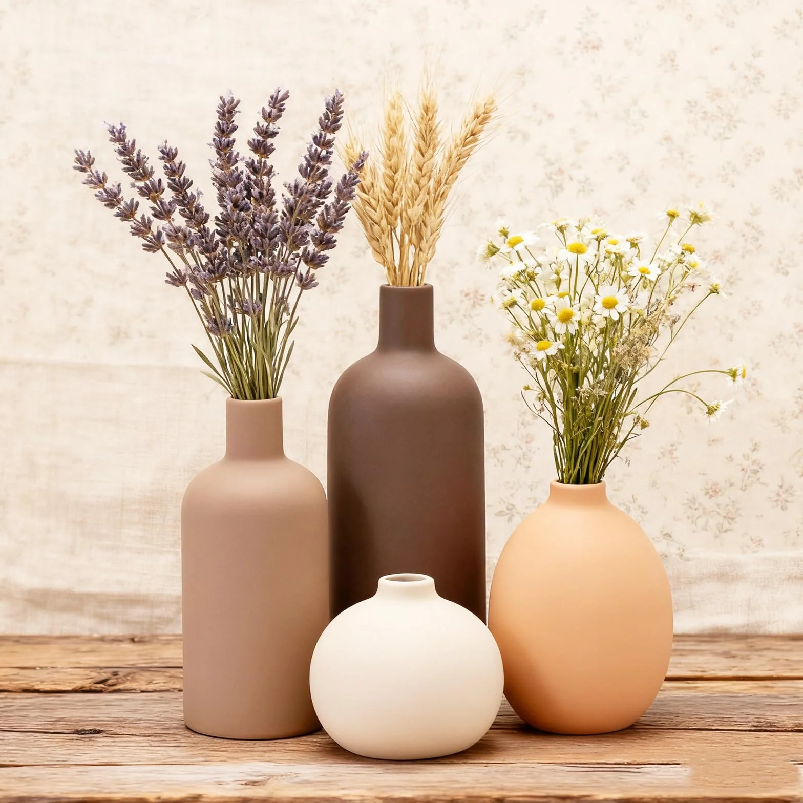 Juego de 4 jarrones de cerámica, jarrones de cerámica para decoración del hogar, floreros Decorativos para Hierba de Pampa y Flores secas, Mesa, estantería (Café,Naranja,Beige,marrón)