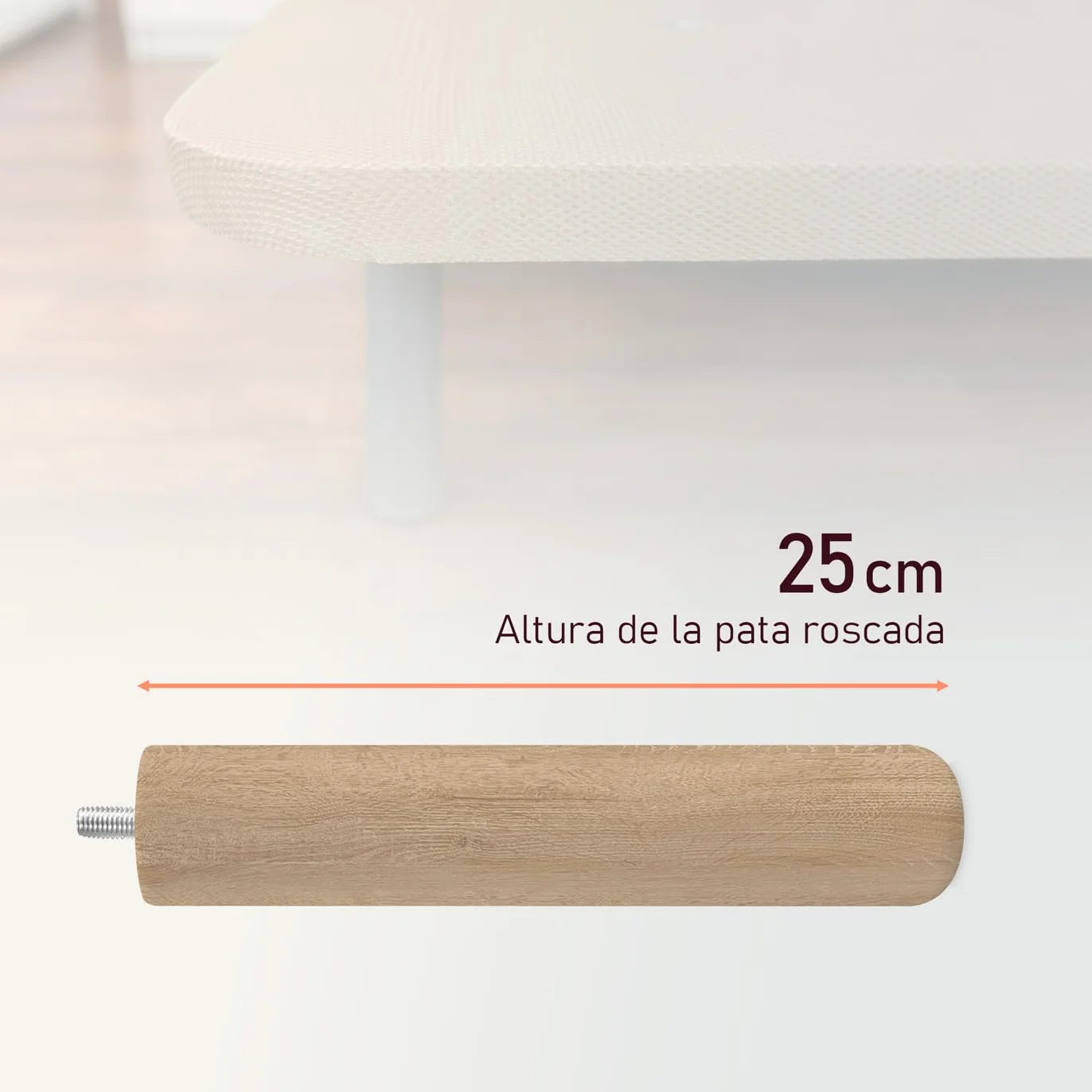 amuéblate Online – Pack de 6 Patas de Madera para Base Tapizada, Cilíndricas con Rosca M10, Altura 25 cm, Color Natural