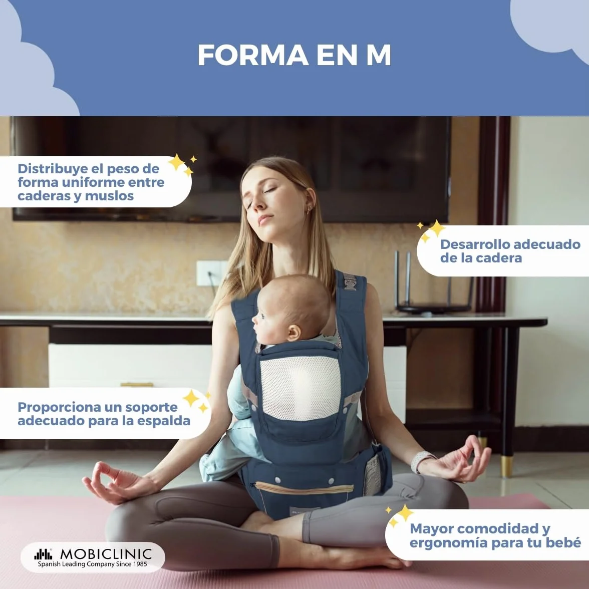 Mobiclinic® Mochila portabebés 6 en 1 Moley Multiposición Plegable Algodón premium suave 0-36 meses azul marino
