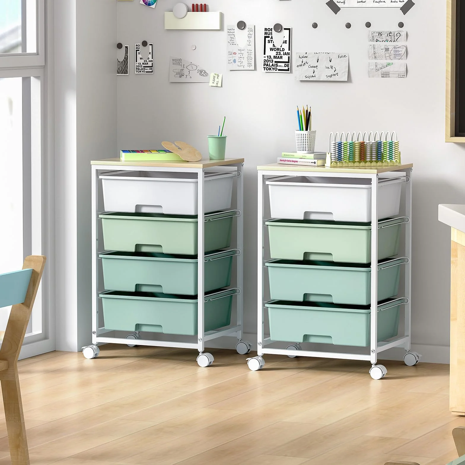 SYKIARIOL Carro con ruedas de 4 cajones, carrito de almacenamiento multiusos con ruedas con tablero de madera, carrito con ruedas para cocina, salón, dormitorio, fácil movimiento, gran capacidad,verde