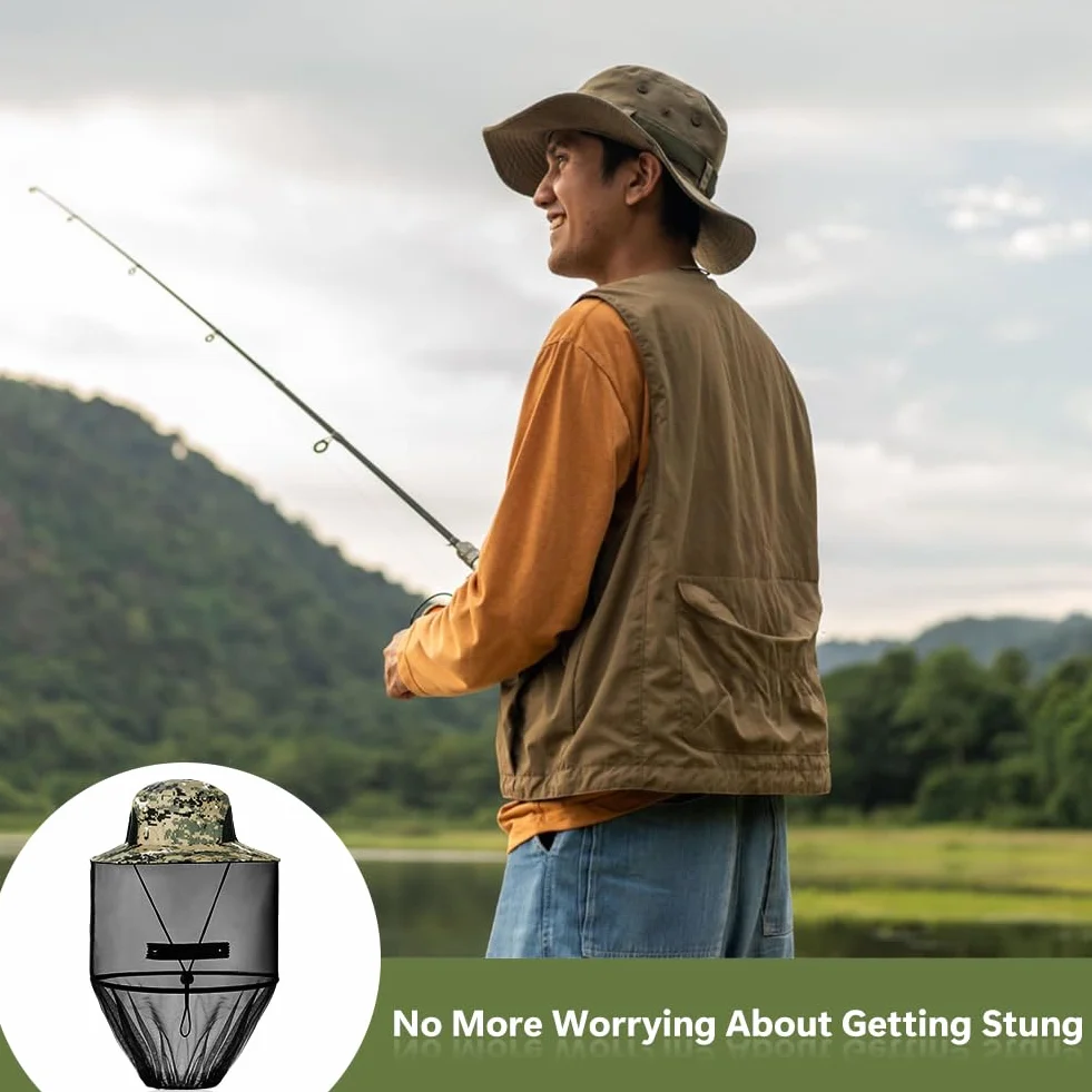 Sombrero Antimosquito, Mosca Máscara Sombrero con Cabeza Net Malla, Aire Libre Pesca Sombreros, Gorro Mosquitera Rostro y Cuello, Sombrero de Apicultura para Senderismo Aire Libre Camping Pesca
