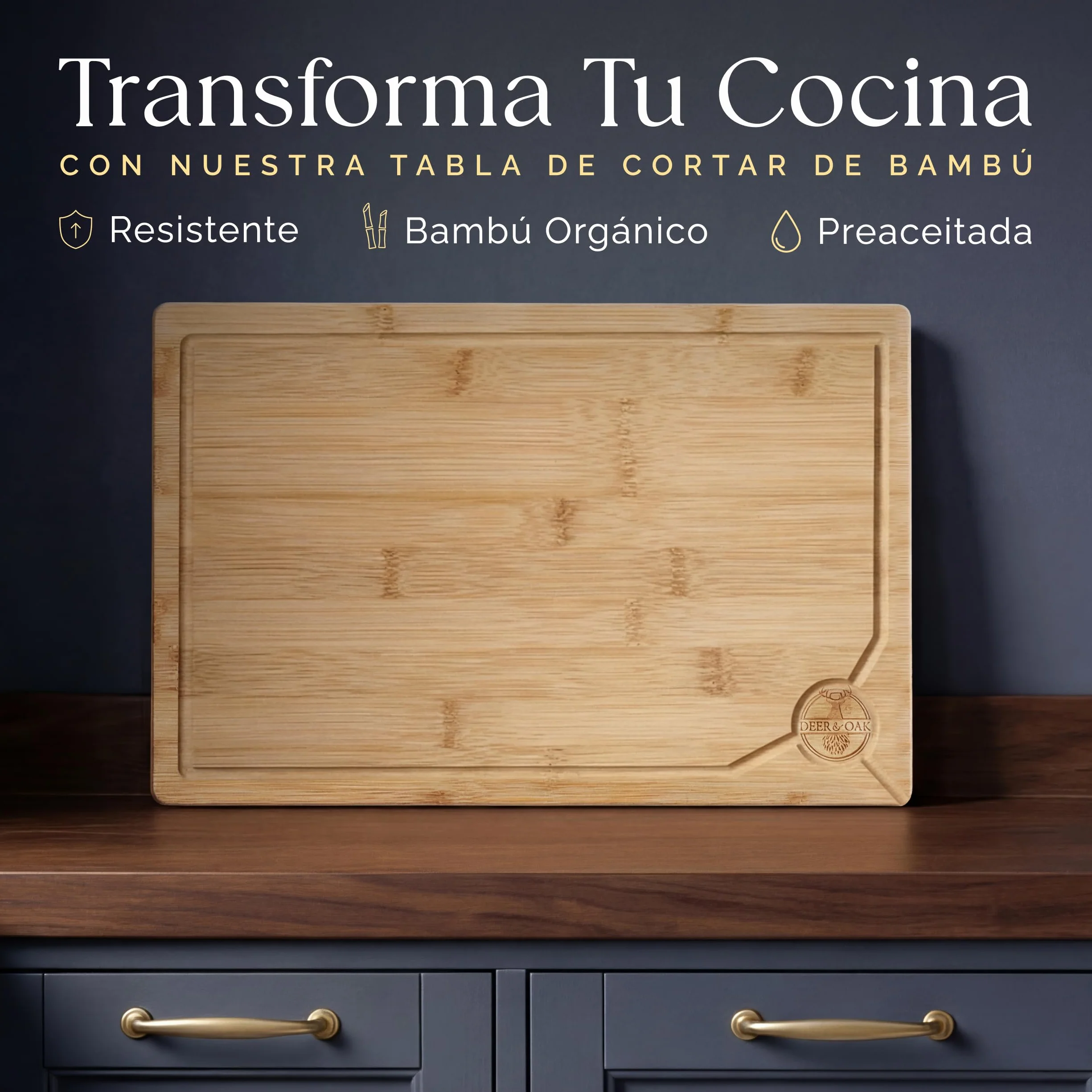 Deer & Oak Tabla de Cortar Bambú 44x30x2 cm Madera Preengrasada para Cocina