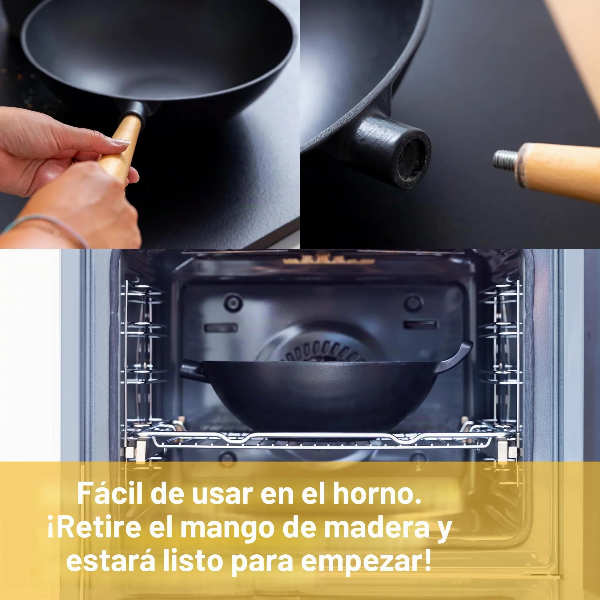 Wok de hierro fundido con revestimiento esmaltado, sartén antiadherente con mango de madera desmontable, utensilios de cocina, sartén de hierro fundido, wok antiadherente, 28 cm de diámetro