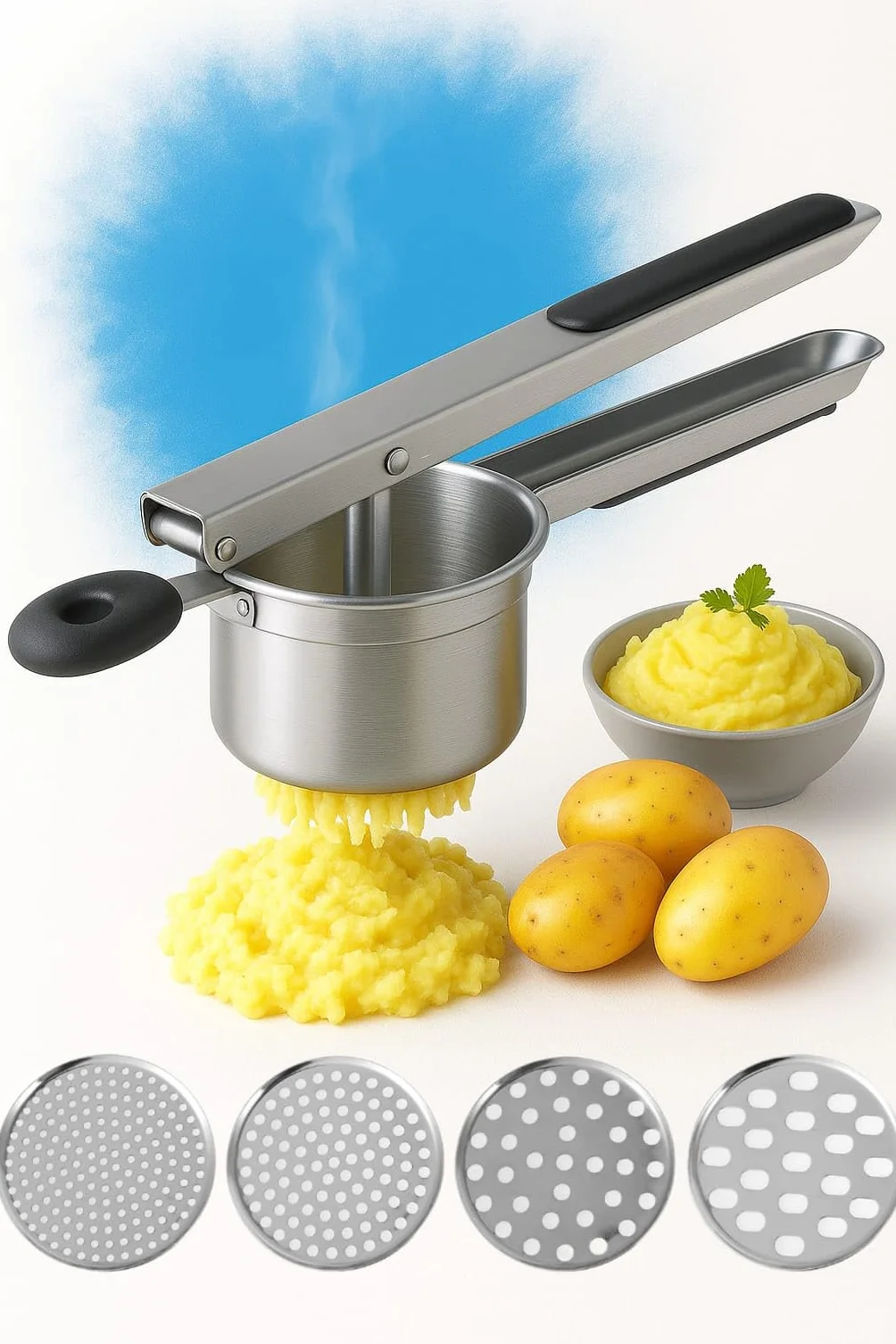 Prensa de patatas de acero inoxidable con 4 discos intercambiables, multifuncional para finos, medios, gruesos y anchos