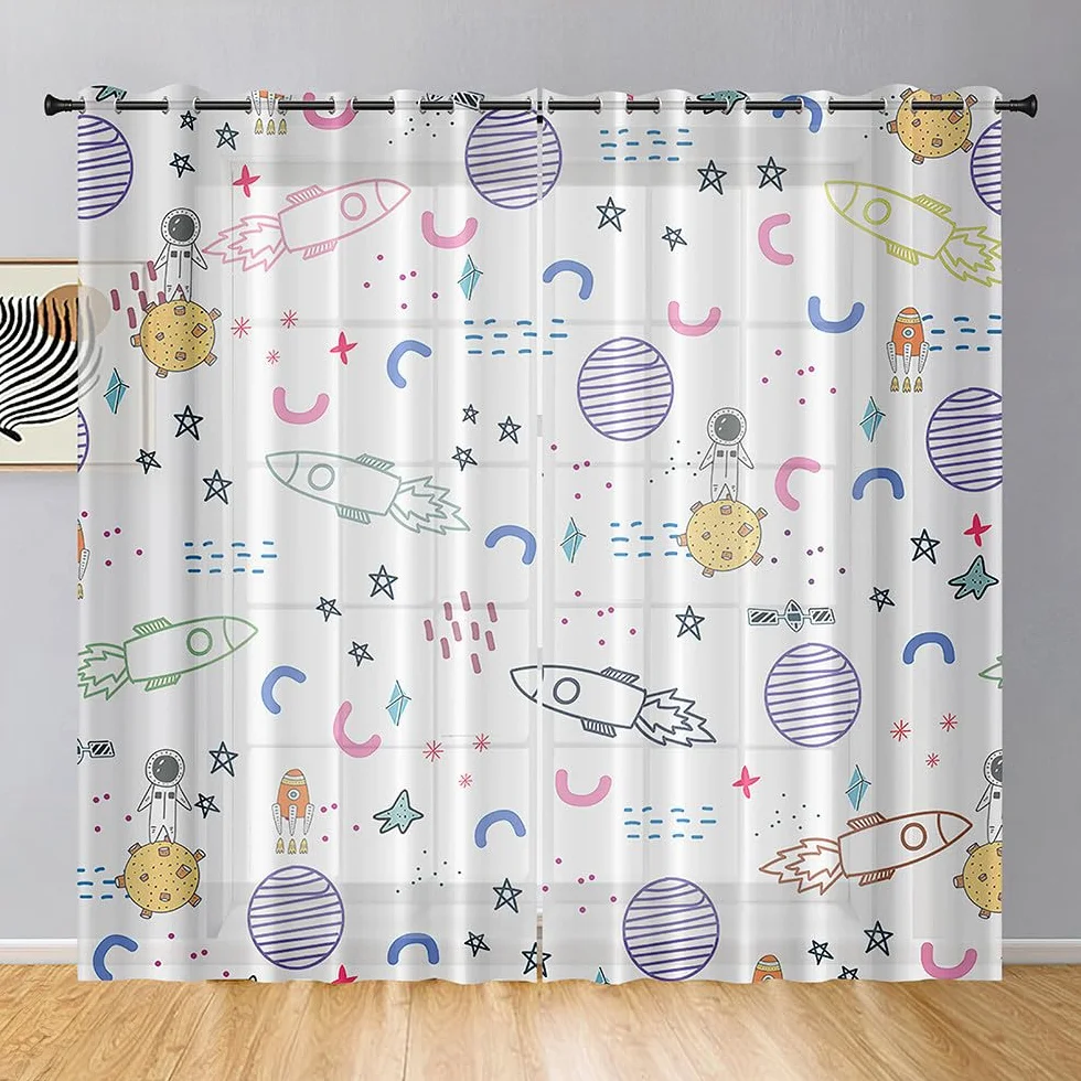 ENEN Cortinas Dormitorio Planeta Espacial 3D Translucidas 2 Piezas 140x160cm