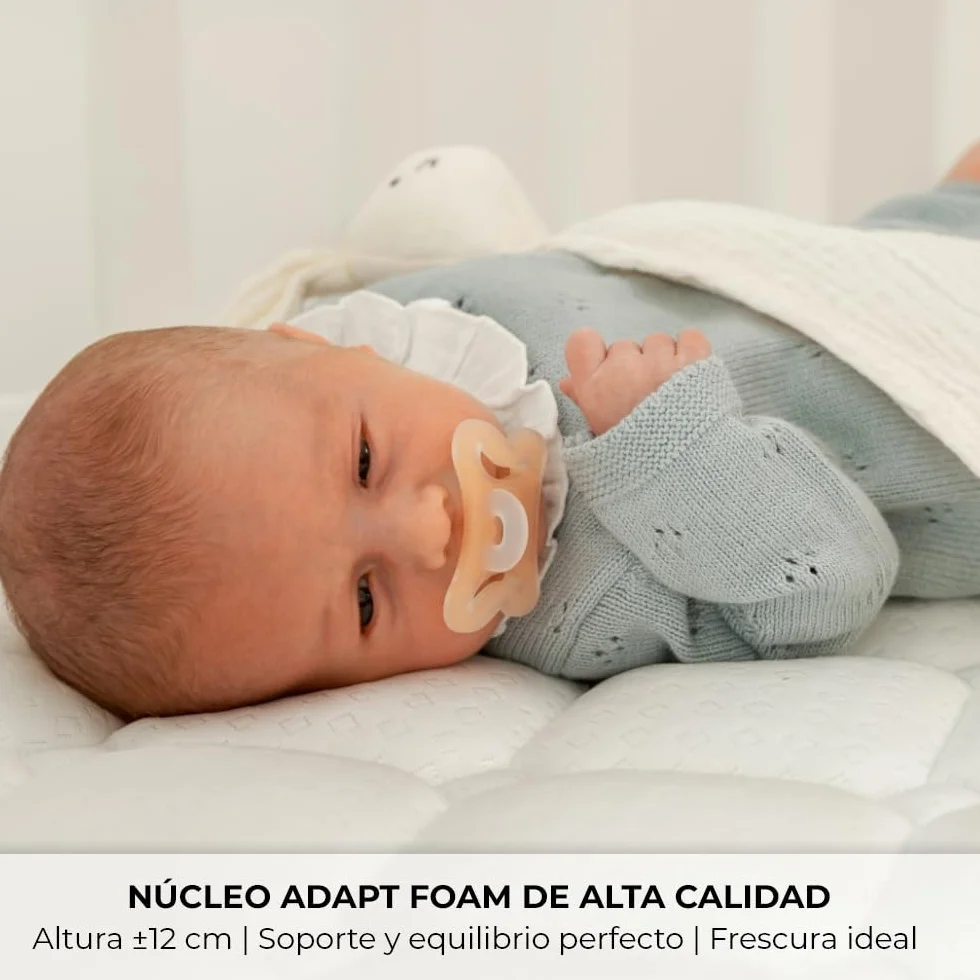 Nalui - Colchón Cuna Viscoelástico 120 x 60 cm Baby One Núcleo HR Adapt Foam, Tejido 3D Transpirable y Tejido Strech Hipoalergénico, Certificado Oeko-Tex® | Hecho en España. Altura ±12cm, Aguamarina