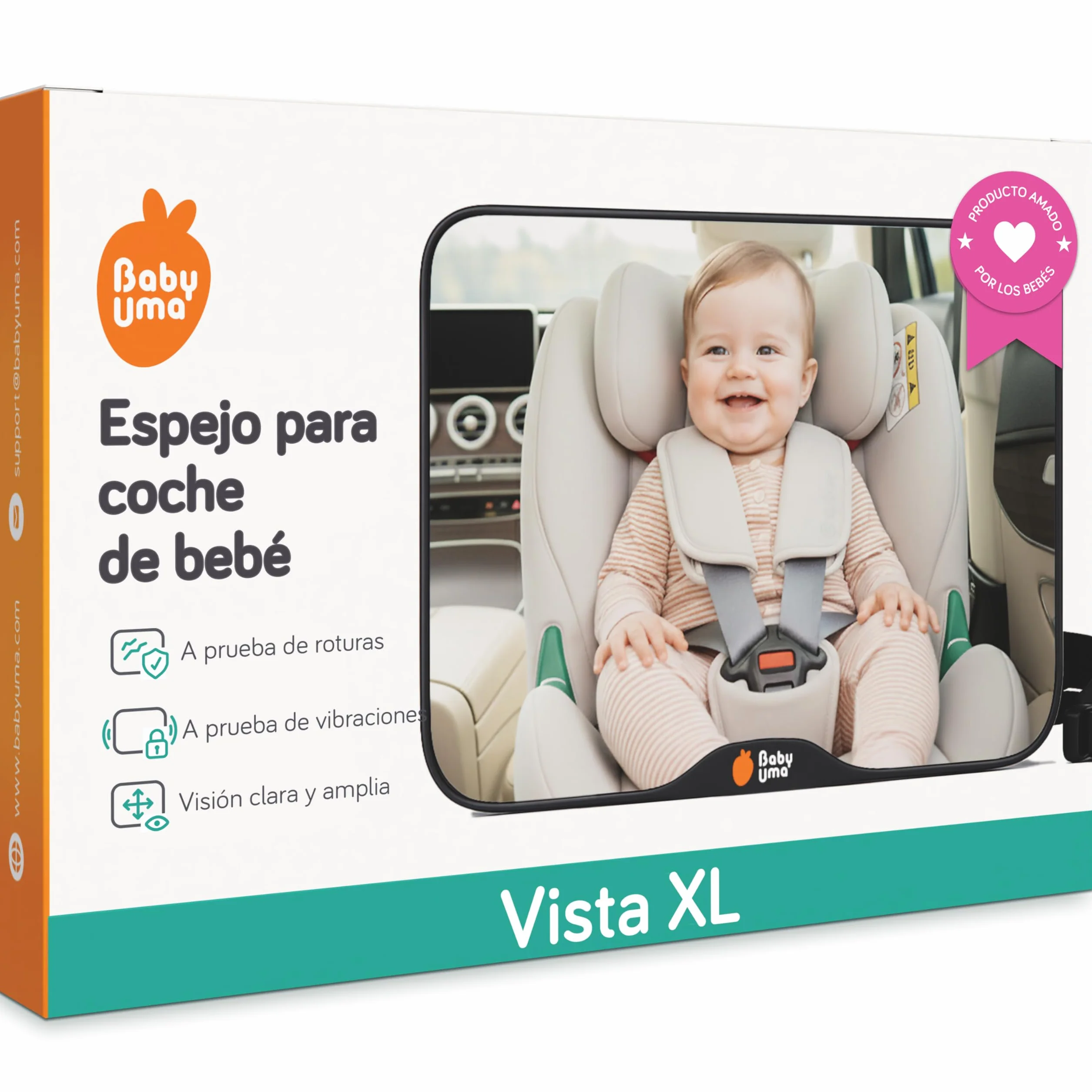 Espejo Coche Bebe Asiento Trasero Baby Uma - 24 x 16 cm, Vista Clara, Prueba de Roturas, Hebillas Ajustables