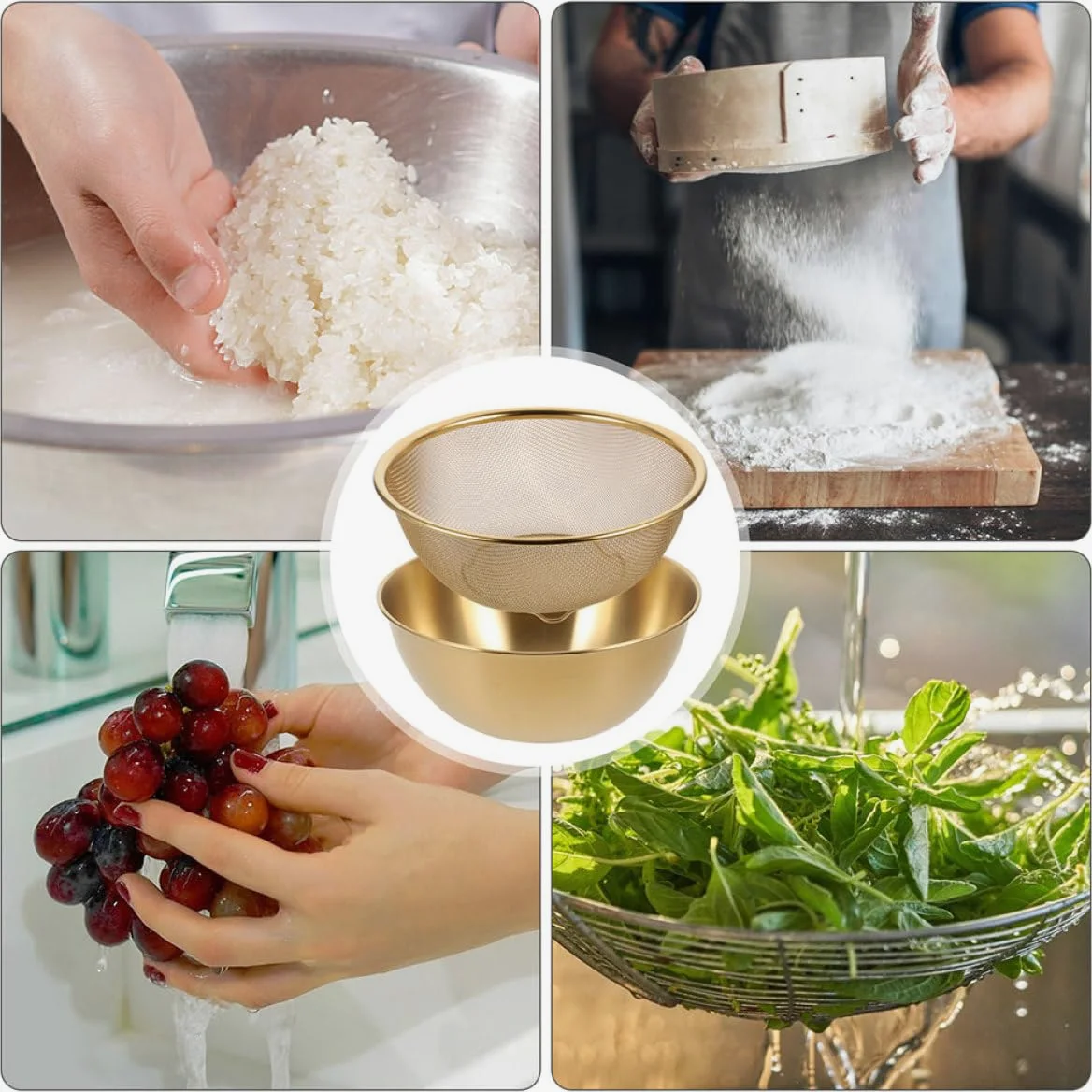 Colador Escurridor de Arroz y Verduras 2 Piezas Acero Inoxidable 24 Cm Color Dorado Multifuncional para Lavar Frutas Utensilios de Cocina Hogar