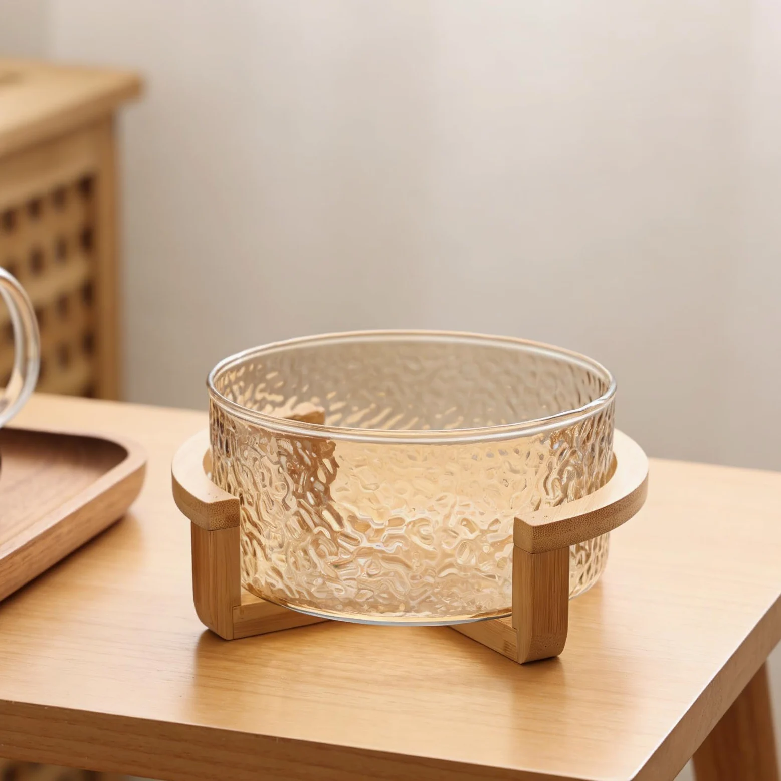 Bol de Ensalada de Vidrio con Efecto de Ondas de Agua y Soporte Seguro de Bambú Dorado, Elegante y Funcional para Uso Diario y Fiestas, Tamaño 21x17.5x10cm