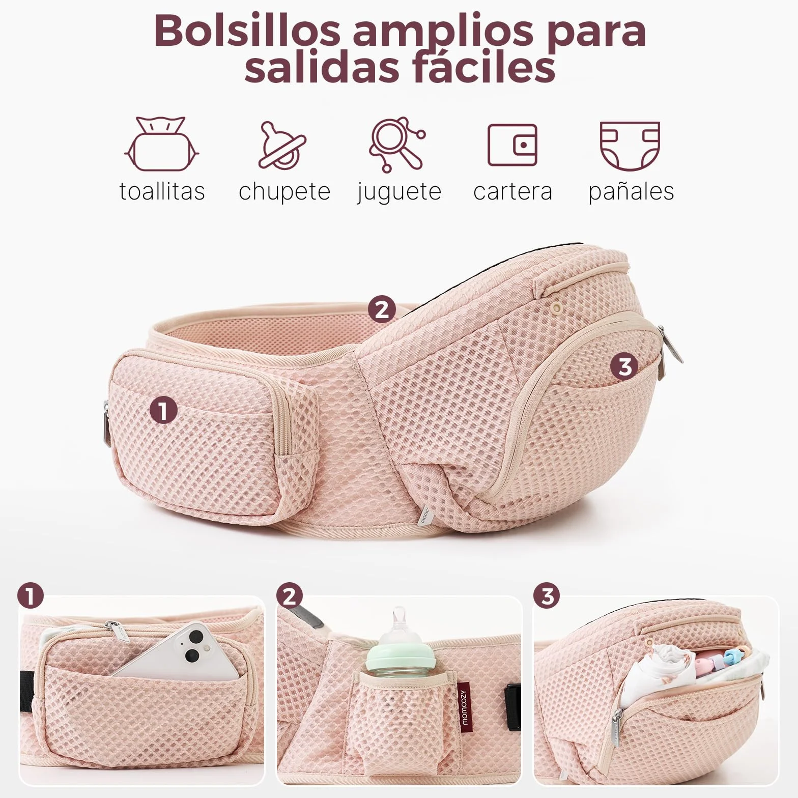 Momcozy Mochila Portabebés Ergonómica 2 en 1 con Asiento de Cadera Desmontable, Transpirable, Soporte Lumbar, hasta 20 kg
