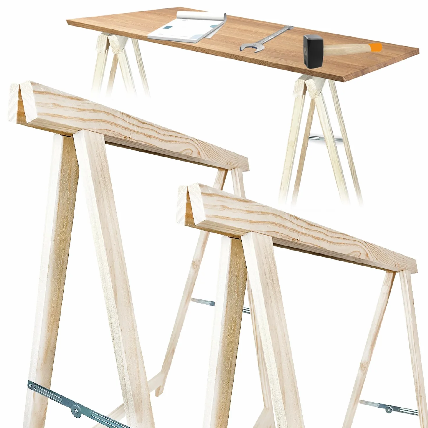 Crisalide® -Natural-WOOD Caballetes en un par de madera de abeto macizo de trabajo, capacidad de 200 kg, bricolaje plegable, 75 cm x 75 cm, se pueden pintar para varios usos de aficionados e