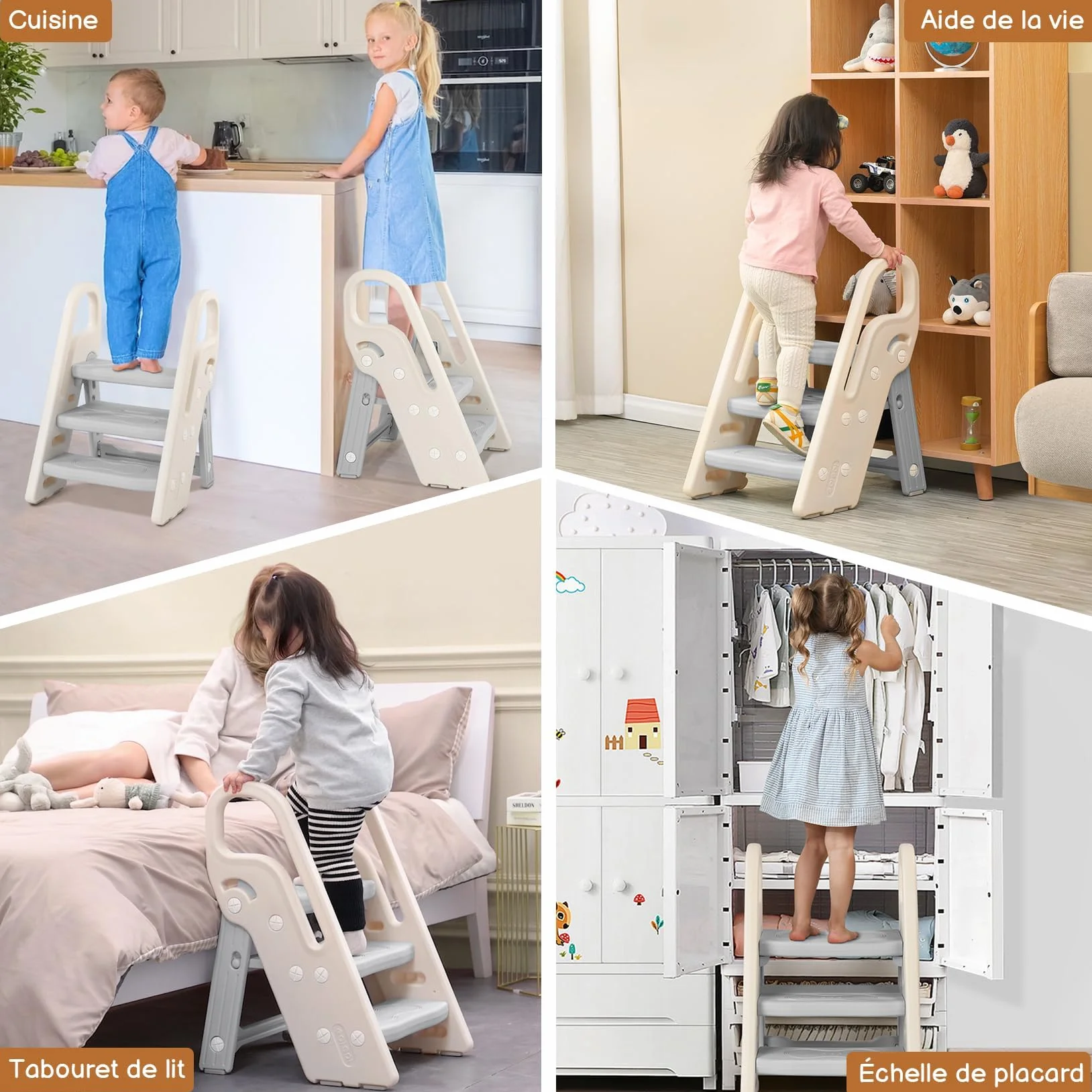 Onasti Taburete Plegable Infantil 3 Peldaños, Asiento Entrenamiento Inodoro Ajustable Antideslizante Gris
