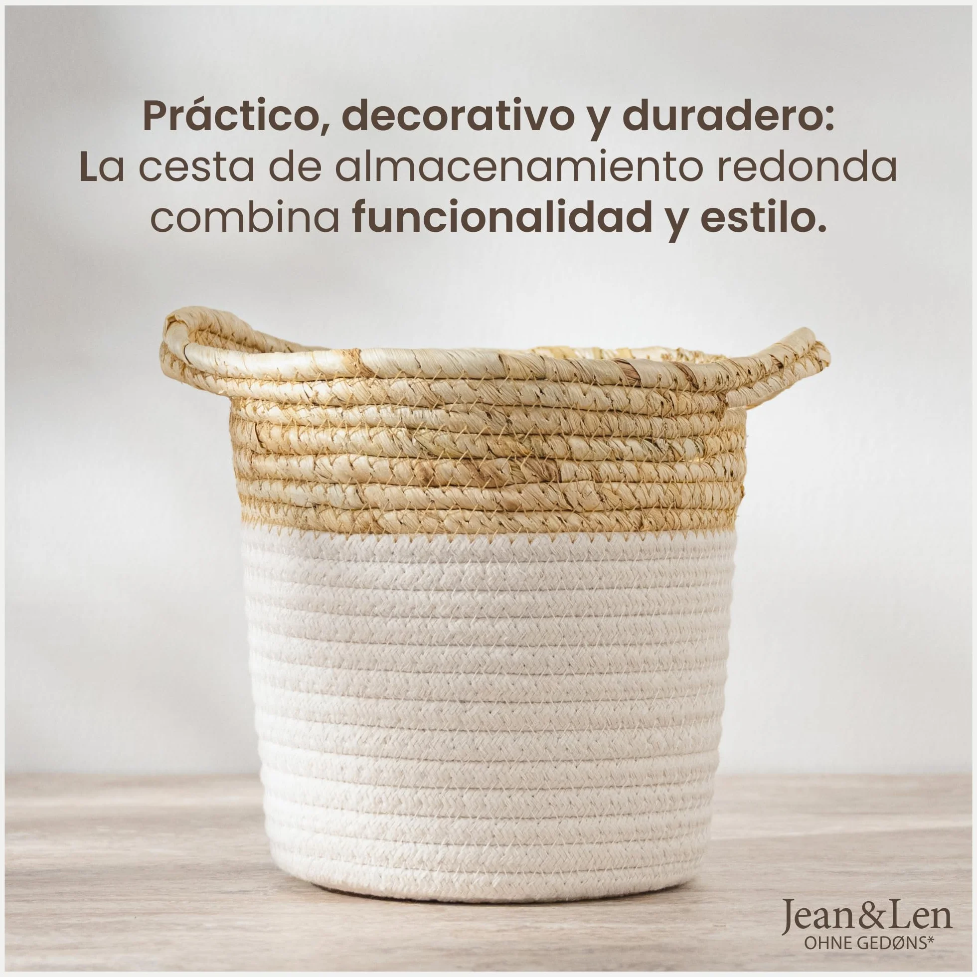 Jean & Len cesta de almacenaje redonda de algodón y paja 17 x 17 cm
